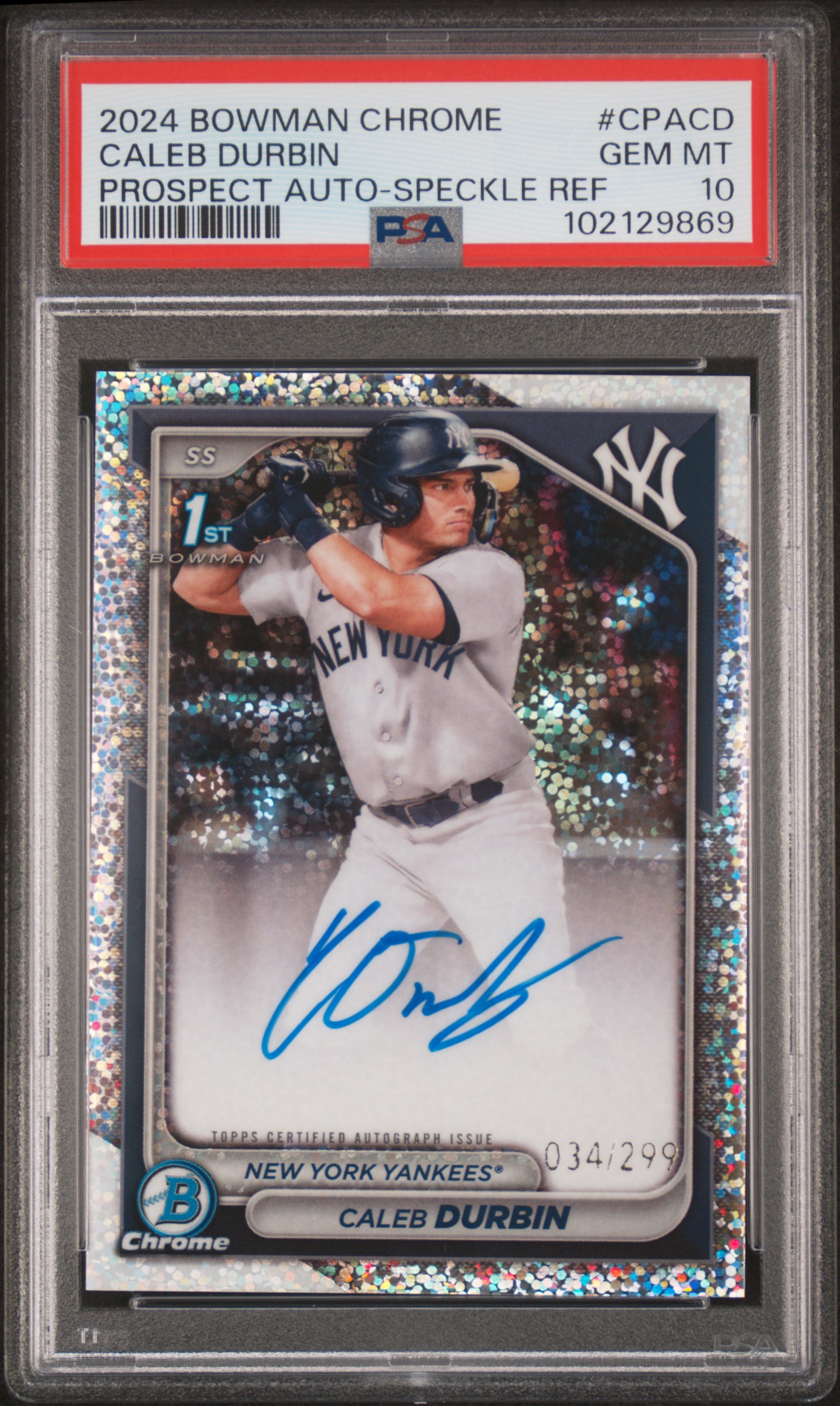 2024 Bowman Chrome Prospect Autographs Caleb Durbin #Cpacd (Prospect Auto-Speckle Ref) Gem Mt 10 front