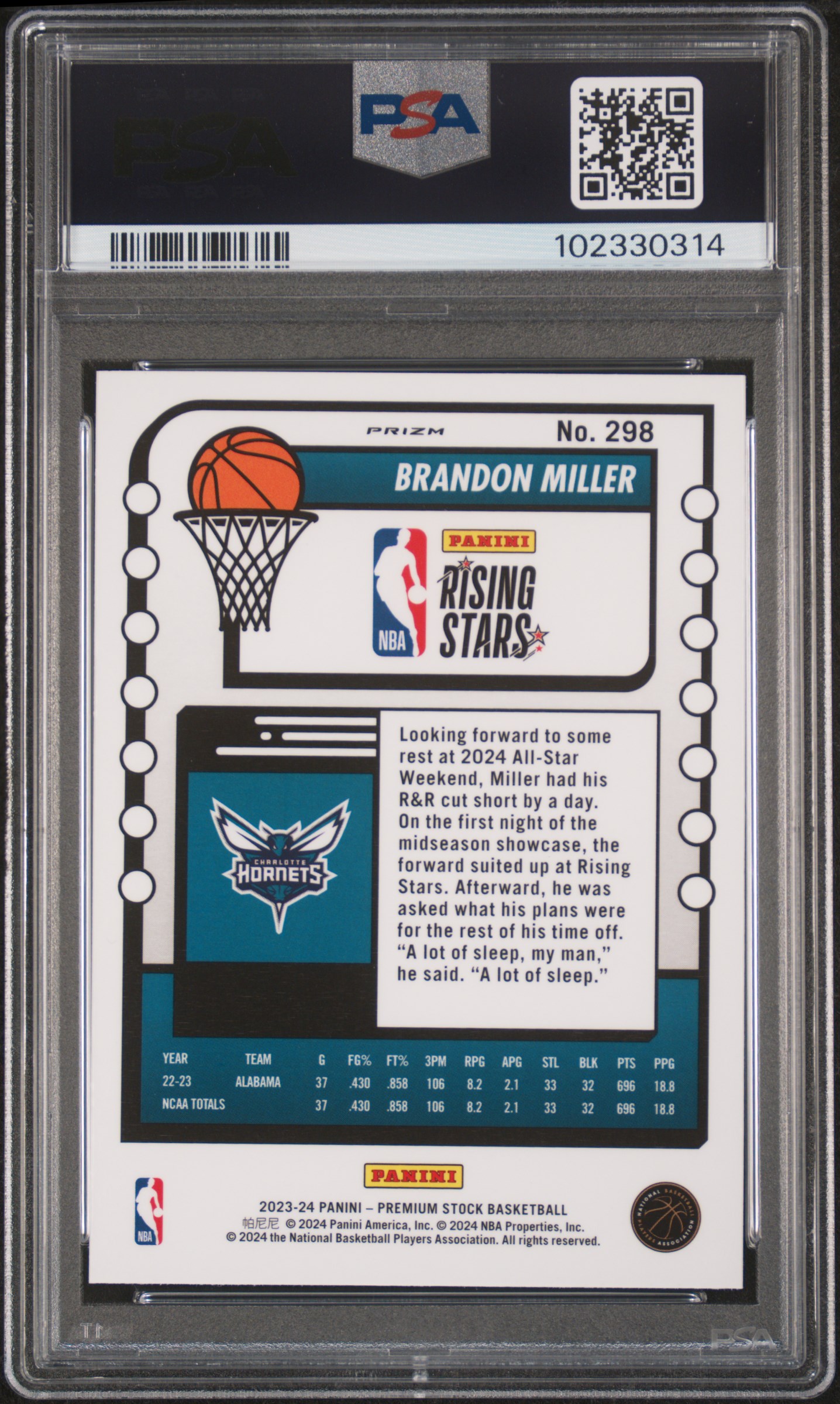 2023 Panini Hoops Premium Stock Brandon Miller #298 (Premium) Gem Mt 10 back