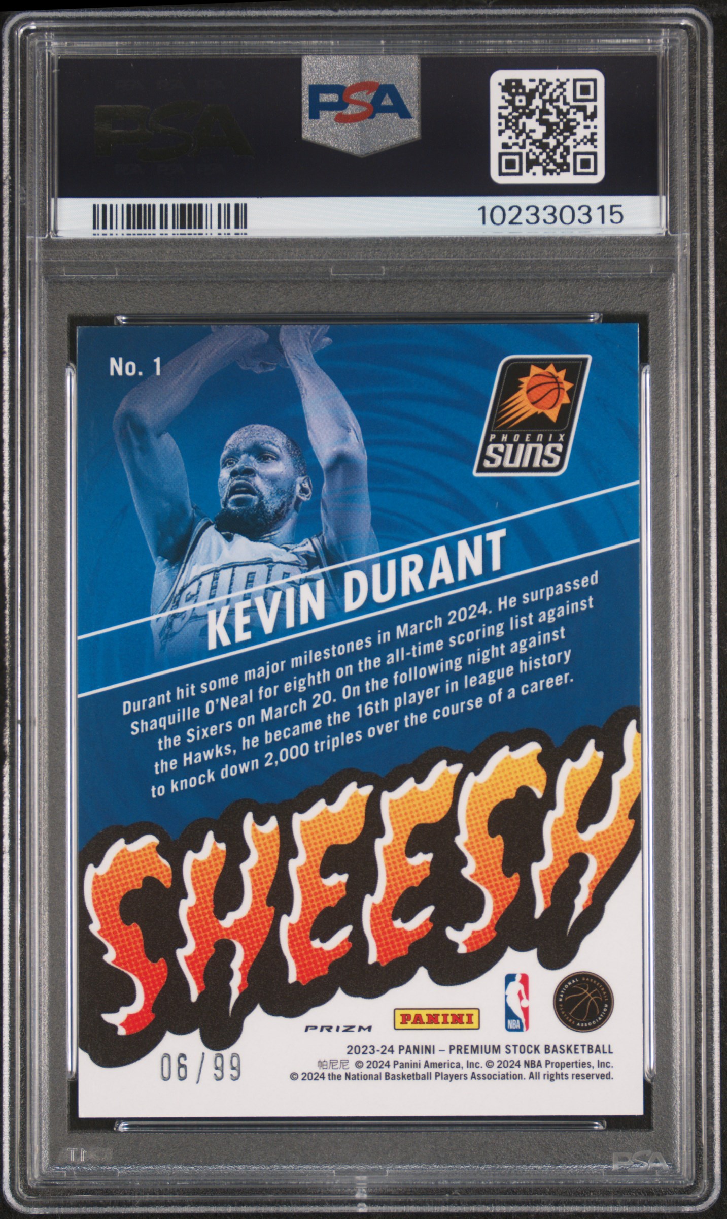2023 Panini Hoops Premium Stock Sheesh Kevin Durant #1 (Sheesh-Blue Ice Prizm) Mint 9 back