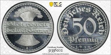 1919-A 50 Pfg J-301 PR67CAM
