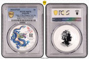 2024-P125 $1 Year of the Dragon Ag Blue-Green Colorized MS70