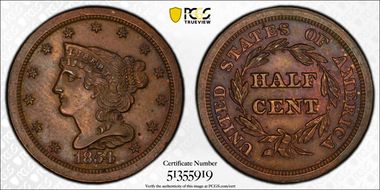 1854 1/2C MS63BN