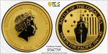 2015-P $15 Battle of the Coral Sea 1/10oz Au MS69
