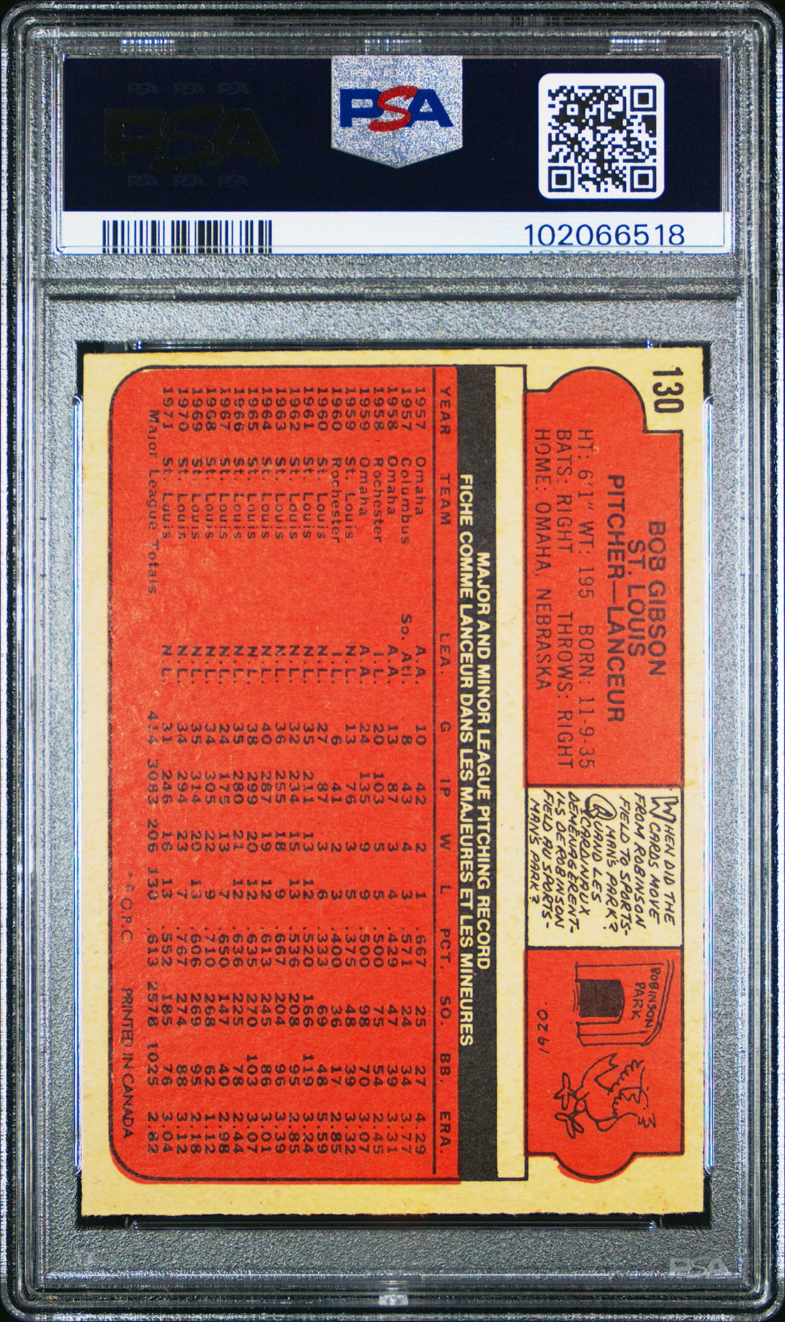 1972 O-Pee-Chee Bob Gibson #130 Vg-Ex 4 back