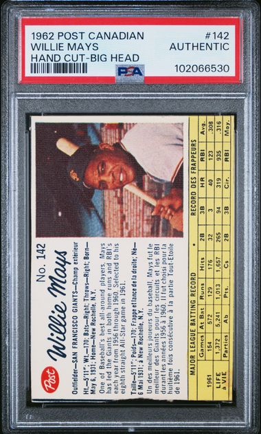 1962 Post Canadian Willie Mays #142 (Hand Cut-Big Head) N0: Authentic front