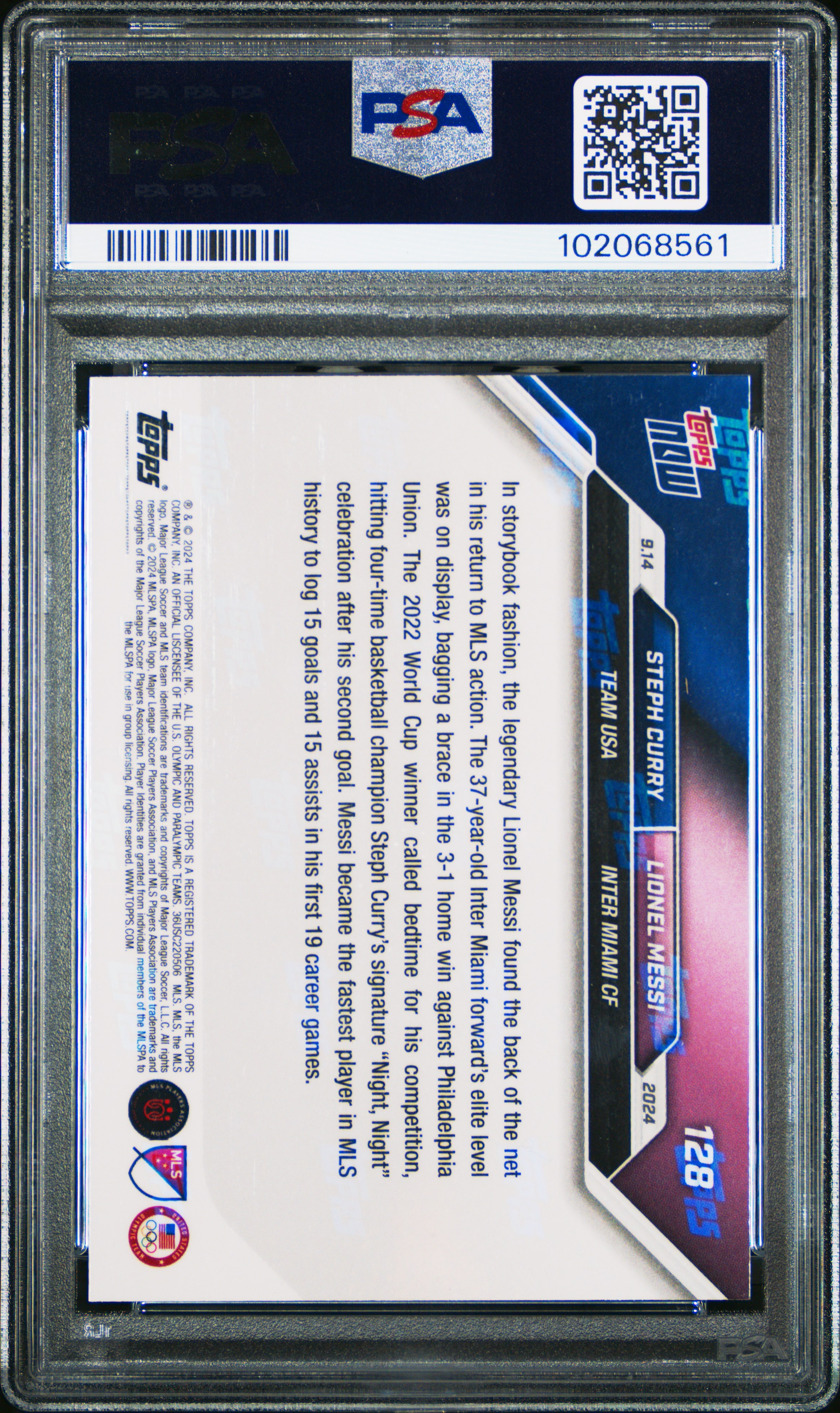 2024 Topps Now Mls Curry/Messi #128 Gem Mt 10 back