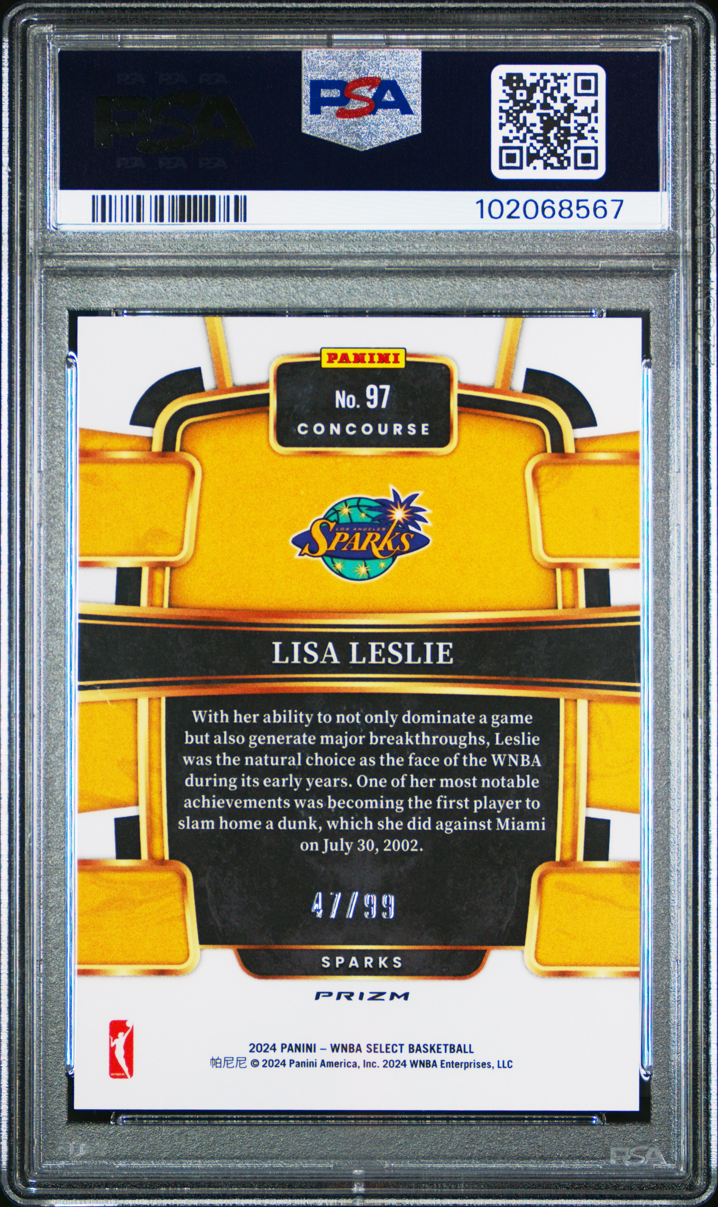 2024 Panini Select Wnba Lisa Leslie #97 (White Prizm) Gem Mt 10 back