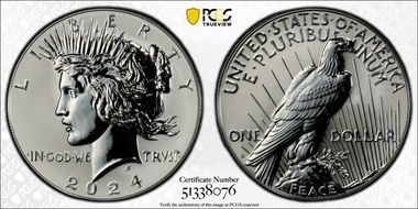 2024-S $1 Peace Dollar Rev PR Two-Coin Reverse Proof Set First Strike PR70