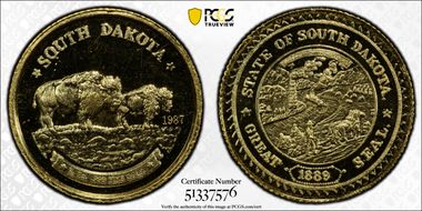 1987 Medal South Dakota Bison 1/10 oz Au PR65DCAM