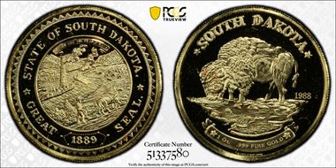 1988 Medal South Dakota Bison 1 oz Au PR67DCAM