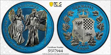 2019 "5 Mk" Germania- Fantasy Space Blue Columbia & Germania 1oz Ag MS70