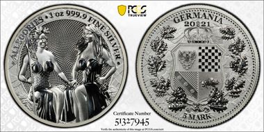 2021 "5 Mk" Germania - Fantasy Issue Austria & Germania 1oz Ag MS70