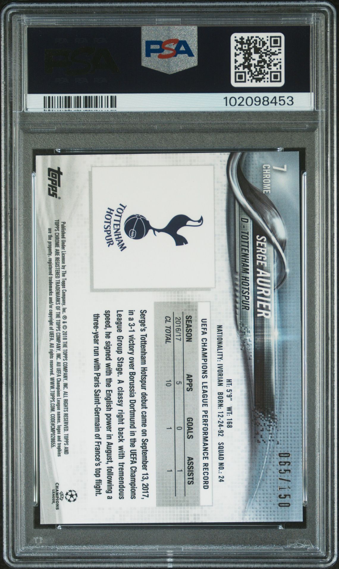 2017 Topps Chrome Uefa Champions League Serge Aurier #7 (Blue Refractor) Gem Mt 10 back