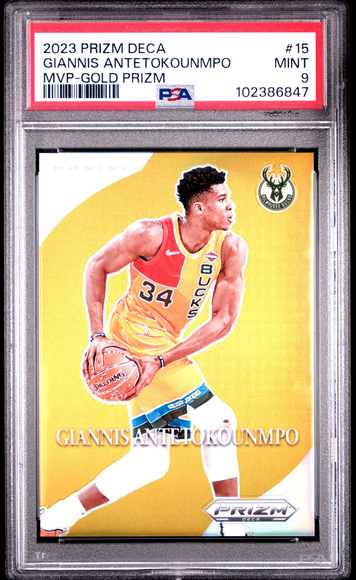 2023 Panini PANINI PRIZM DECA MOST VALUABLE PLAYERS MVP-GOLD PRIZM #15 Giannis Antetokounmpo front