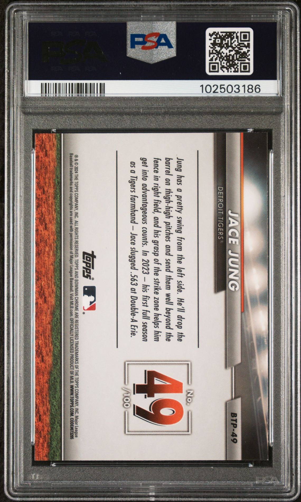 2024 Bowman Bowman Scouts' Top 100 Jace Jung #Btp49 Gem Mt 10 back view - PSA certificate #102503186