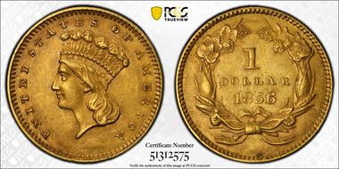 1856 G$1 Slanted 5 AU58