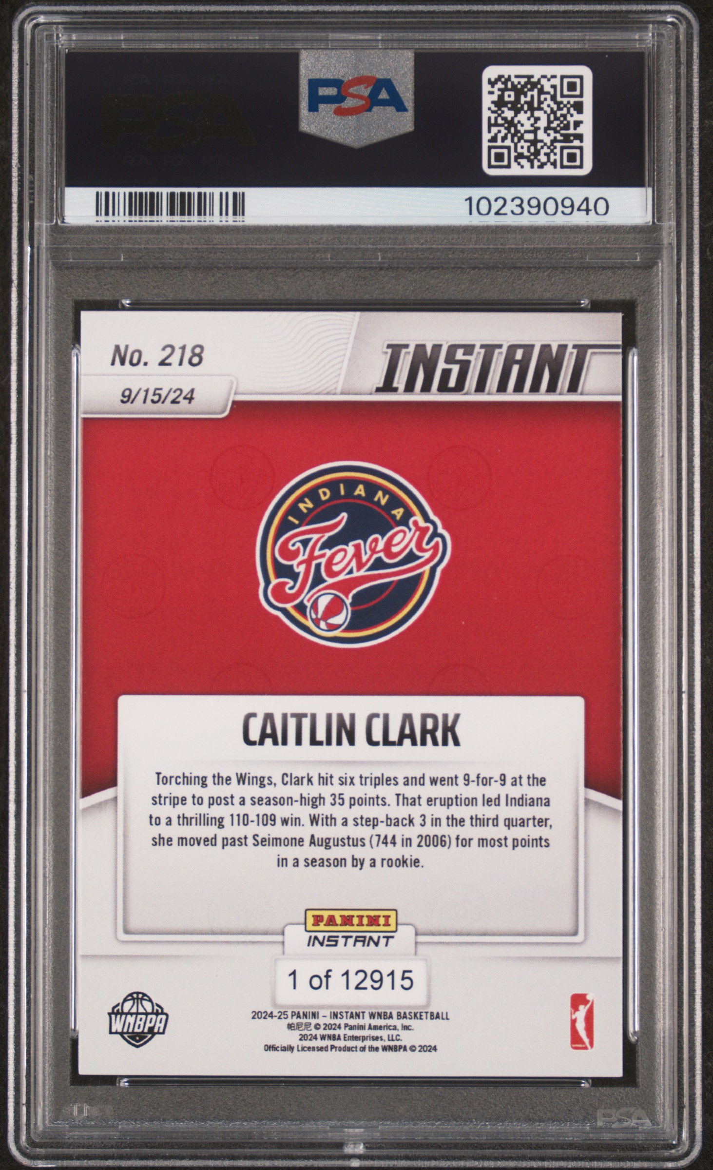 2024 Panini Instant Wnba Caitlin Clark #218 Mint 9 back