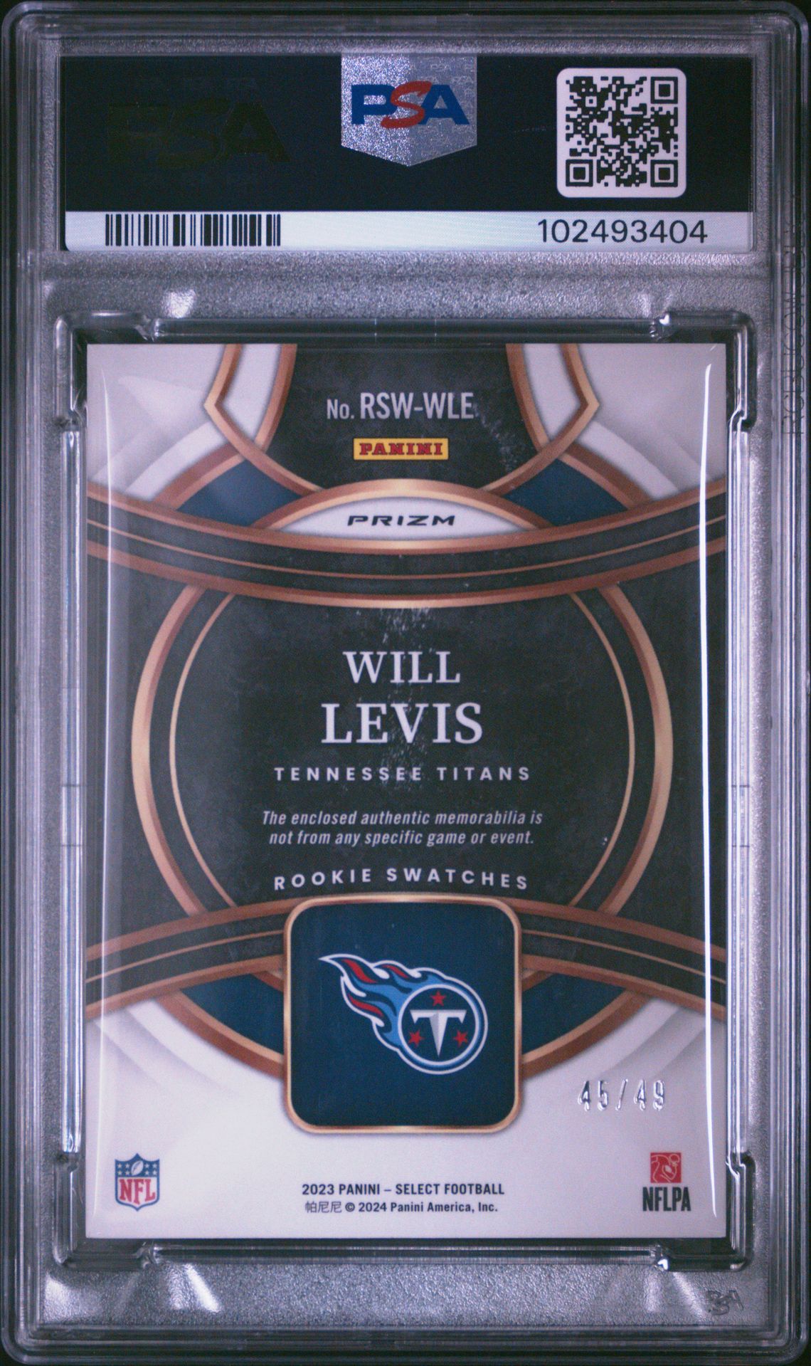 2023 Panini Select Rookie Swatches Will Levis #Rswwle (Rookie Swatch-Copper Prizm) Mint 9 back