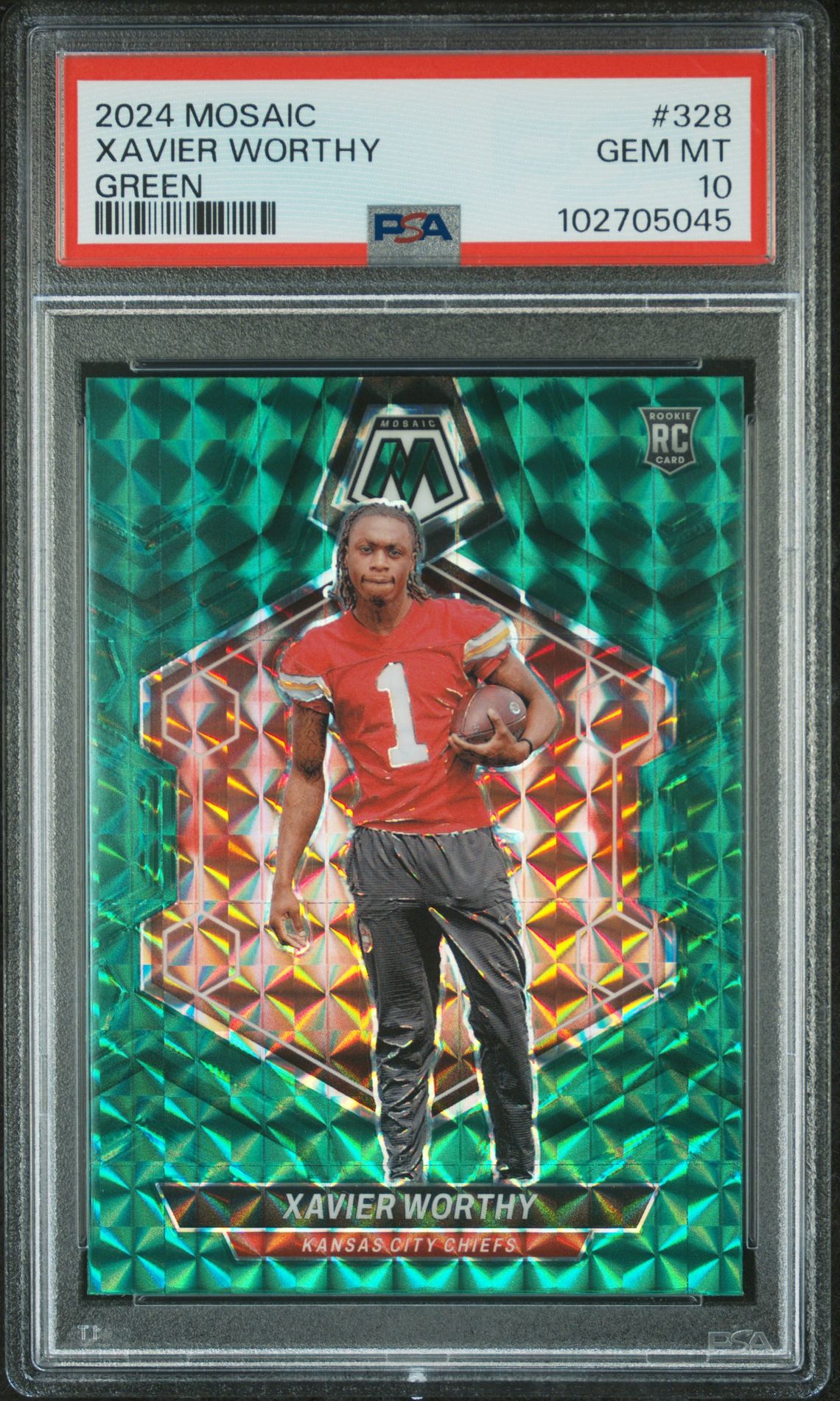 2024 Panini Mosaic Xavier Worthy #328 (Green) Gem Mt 10 front view - PSA graded GEM MT 10