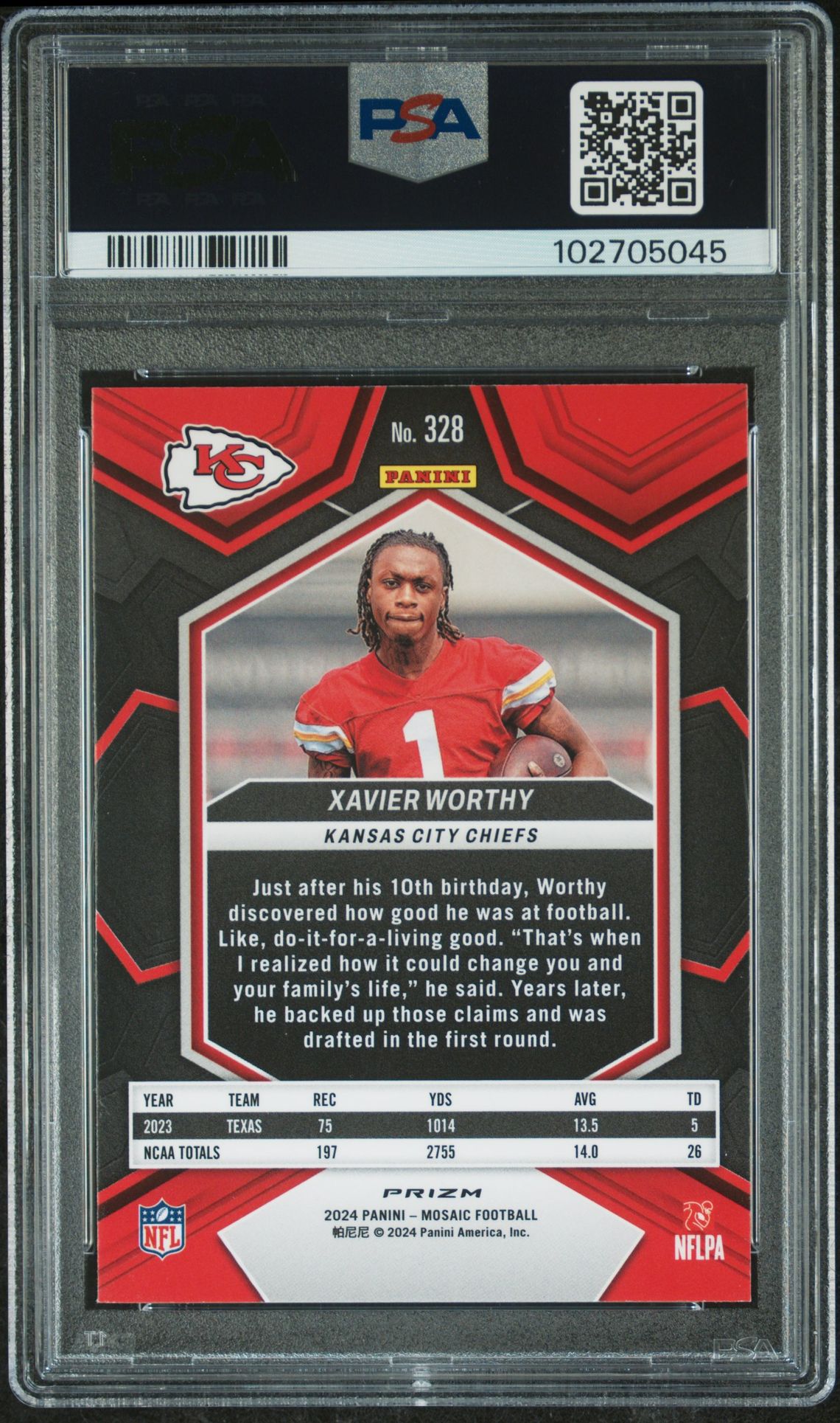 2024 Panini Mosaic Xavier Worthy #328 (Green) Gem Mt 10 back view - PSA certificate #102705045