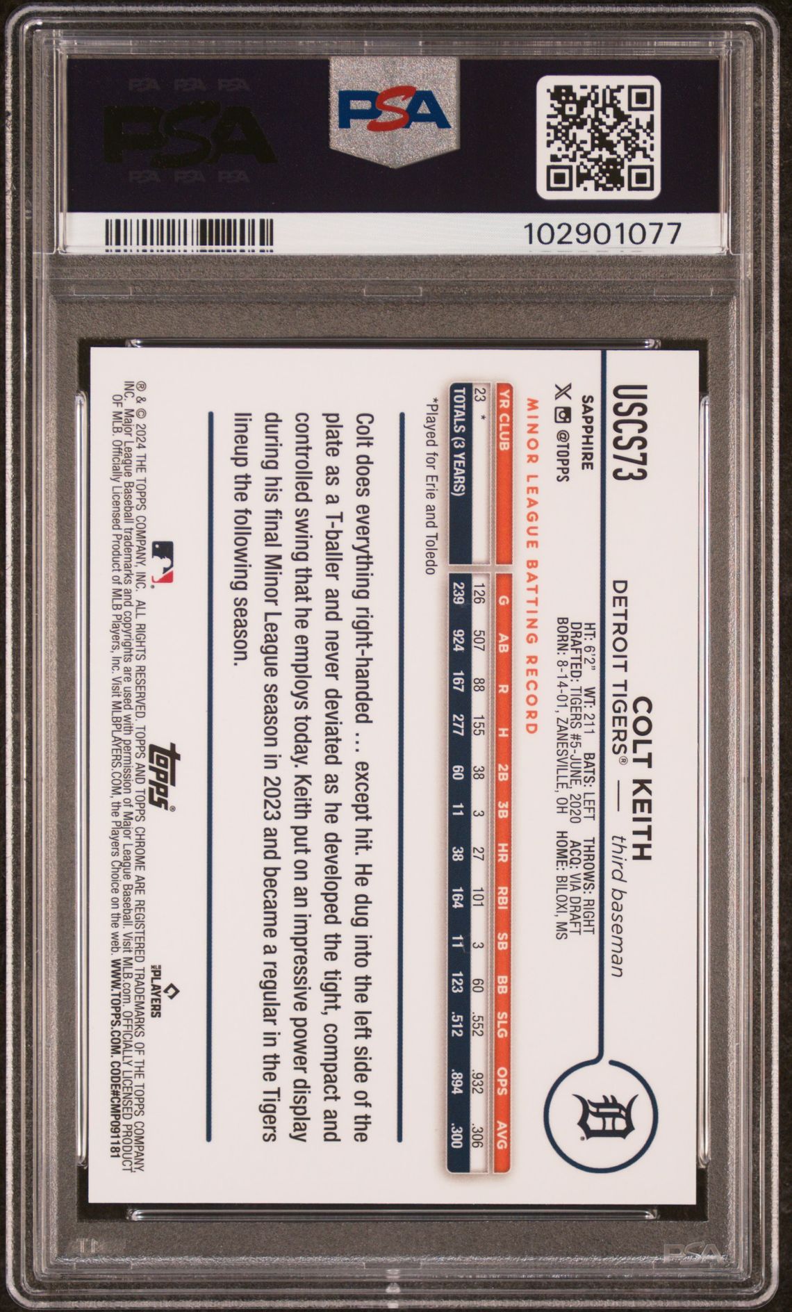 2024 Topps Chrome Sapphire Update Series Colt Keith #73 (Gold) Gem Mt 10 back