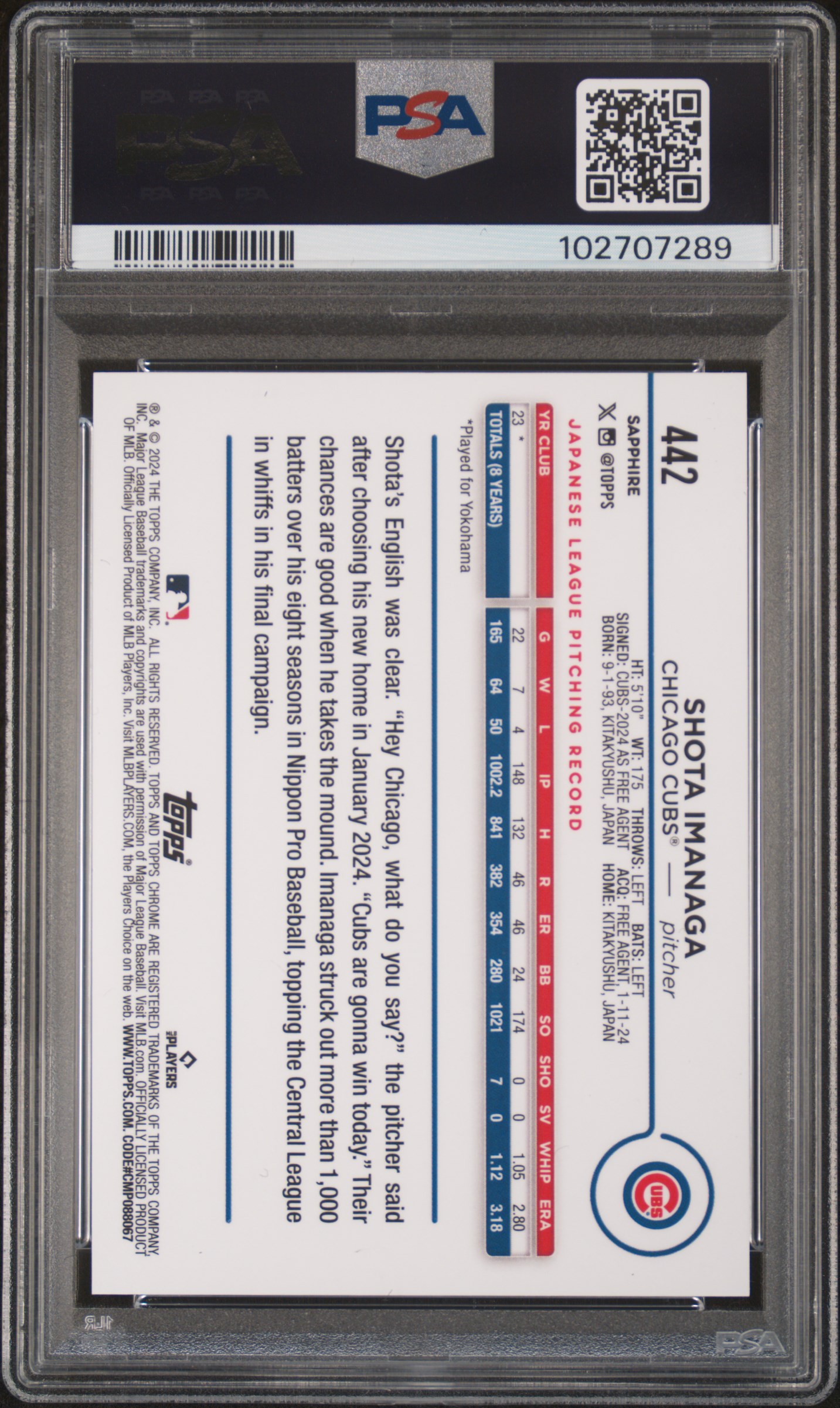 2024 Topps Chrome Sapphire Shota Imanaga #442 (Red) Mint 9 back