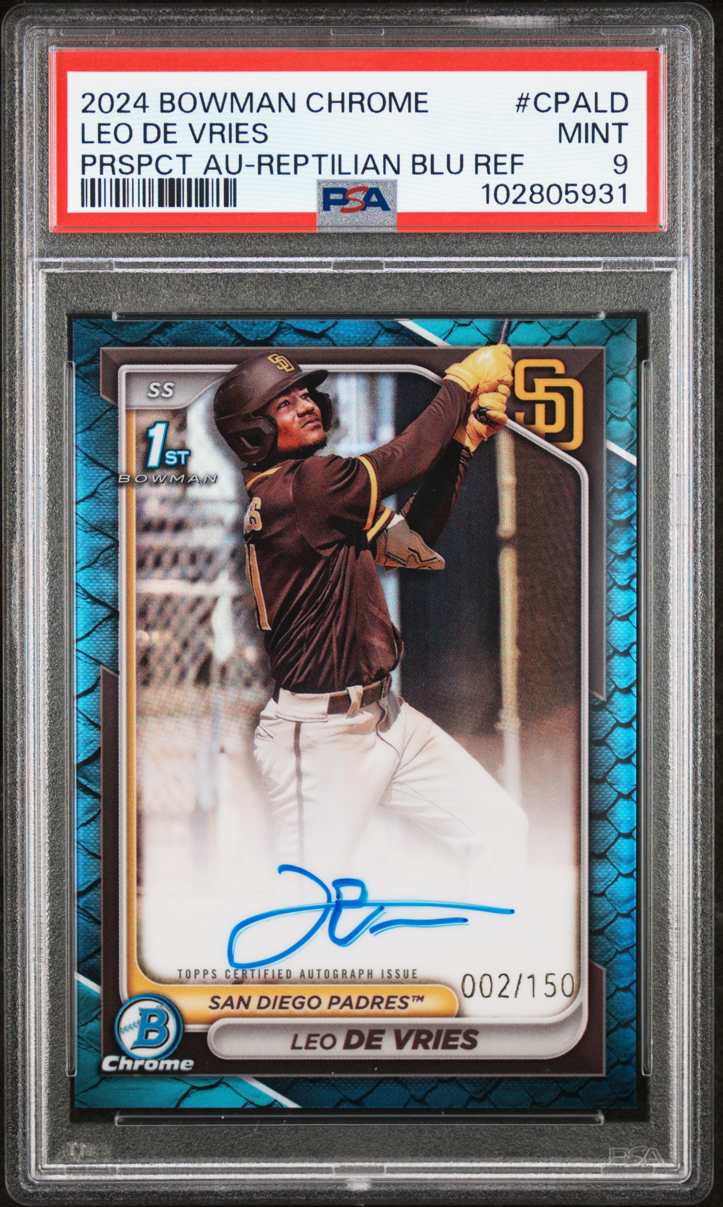2024 Bowman Chrome Prospect Autographs Leo De Vries #Cpald (Prspct Au-Reptilian Blu Ref) Mint 9 front