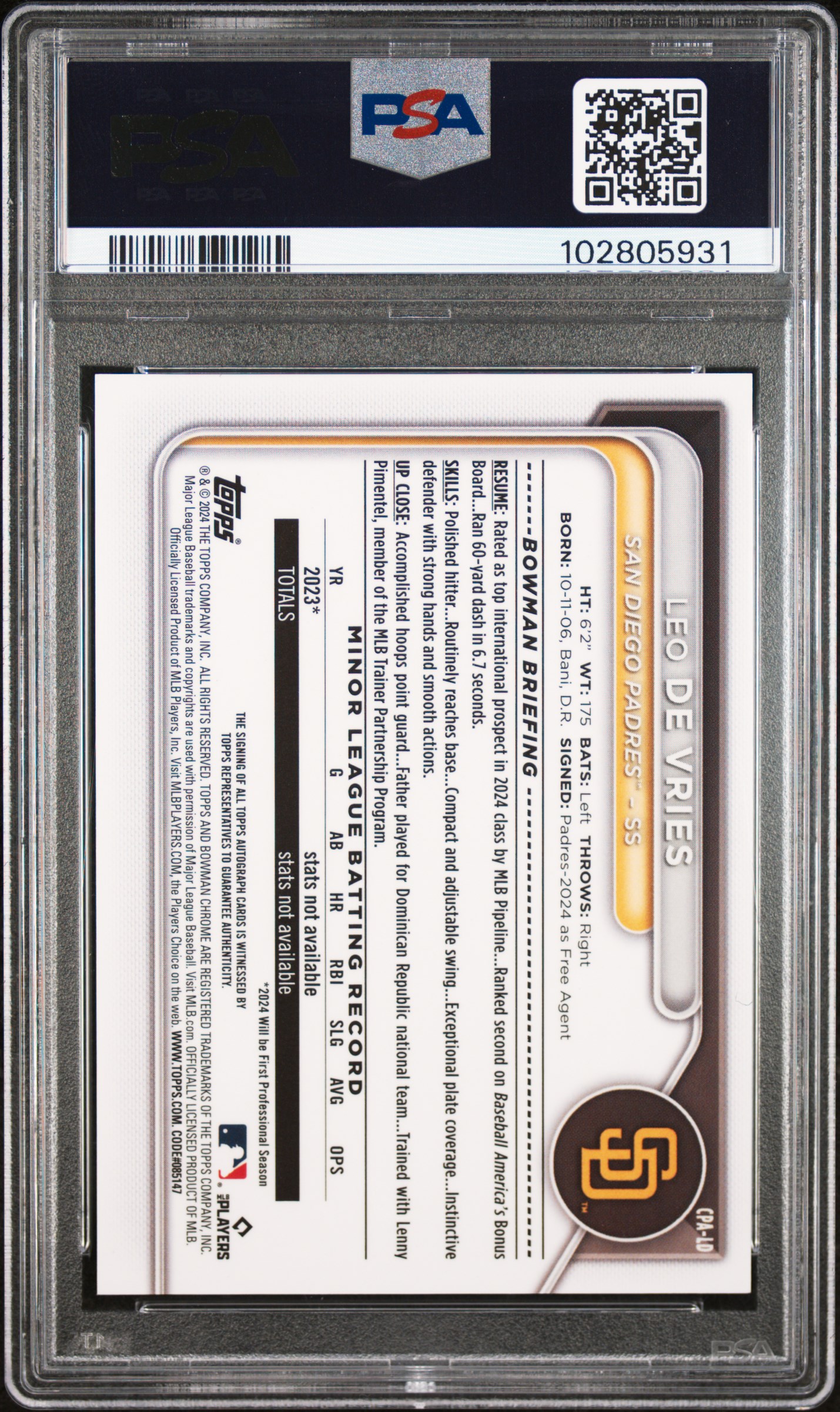 2024 Bowman Chrome Prospect Autographs Leo De Vries #Cpald (Prspct Au-Reptilian Blu Ref) Mint 9 back