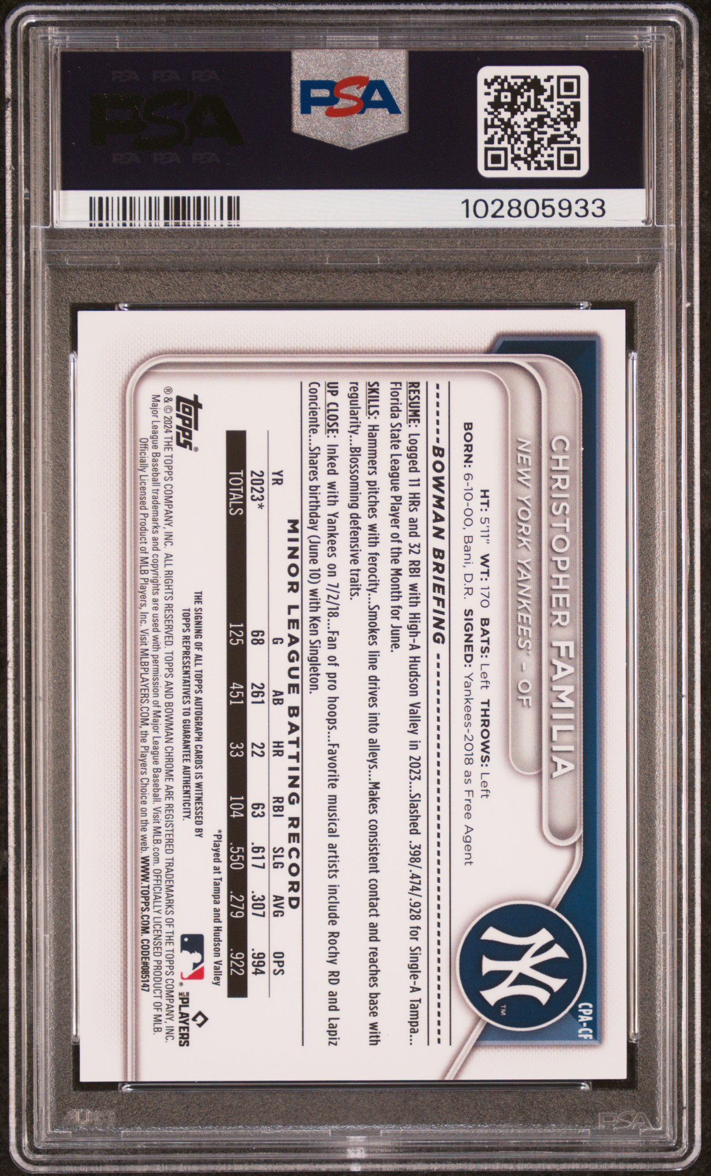 2024 Bowman Chrome Prospect Autographs Christopher Familia #Cpacf (Prspct Au-Mini Diamond Ref) Mint 9 back