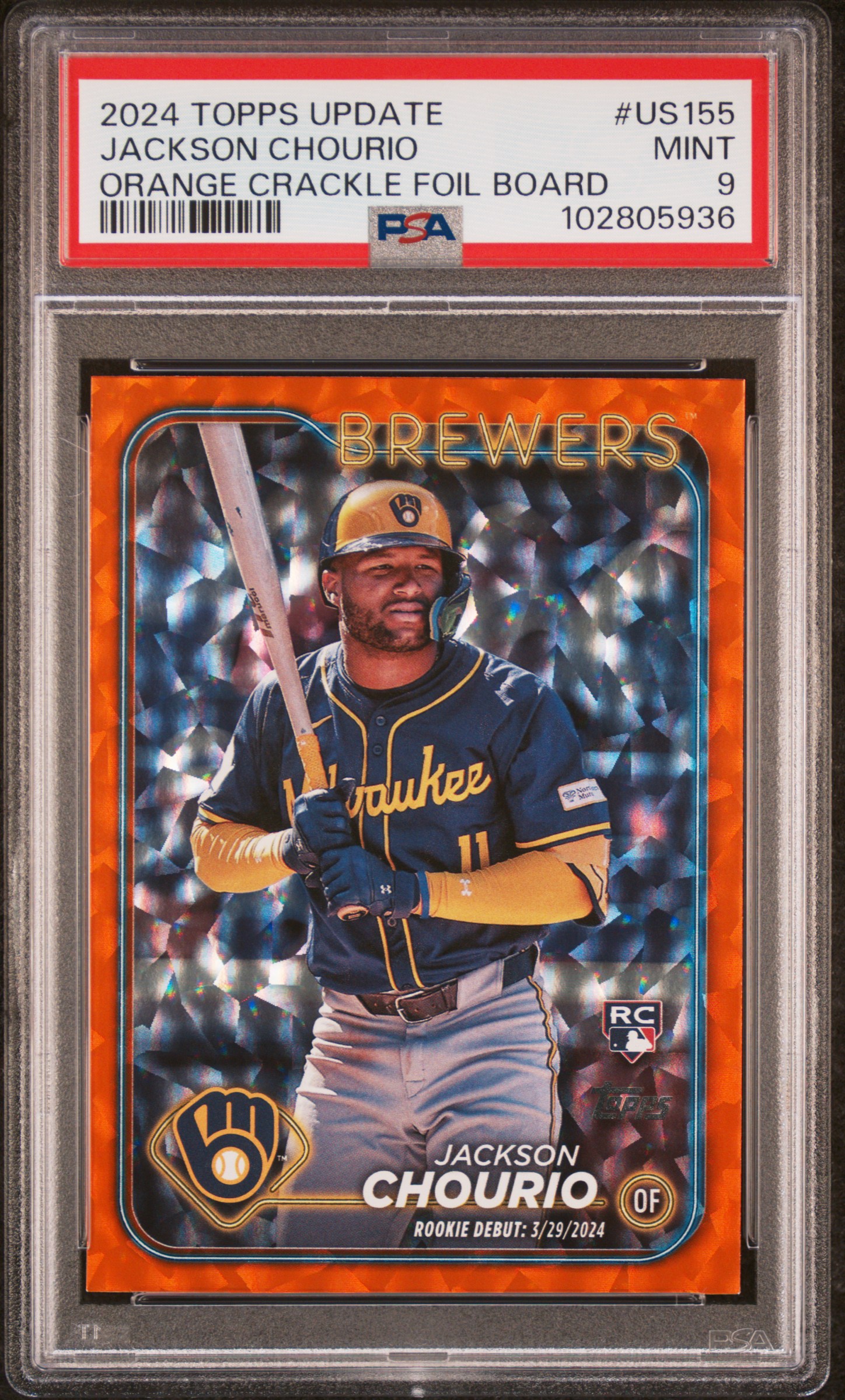 2024 Topps Update Jackson Chourio #Us155 (Orange Crackle Foil Board) Mint 9 front