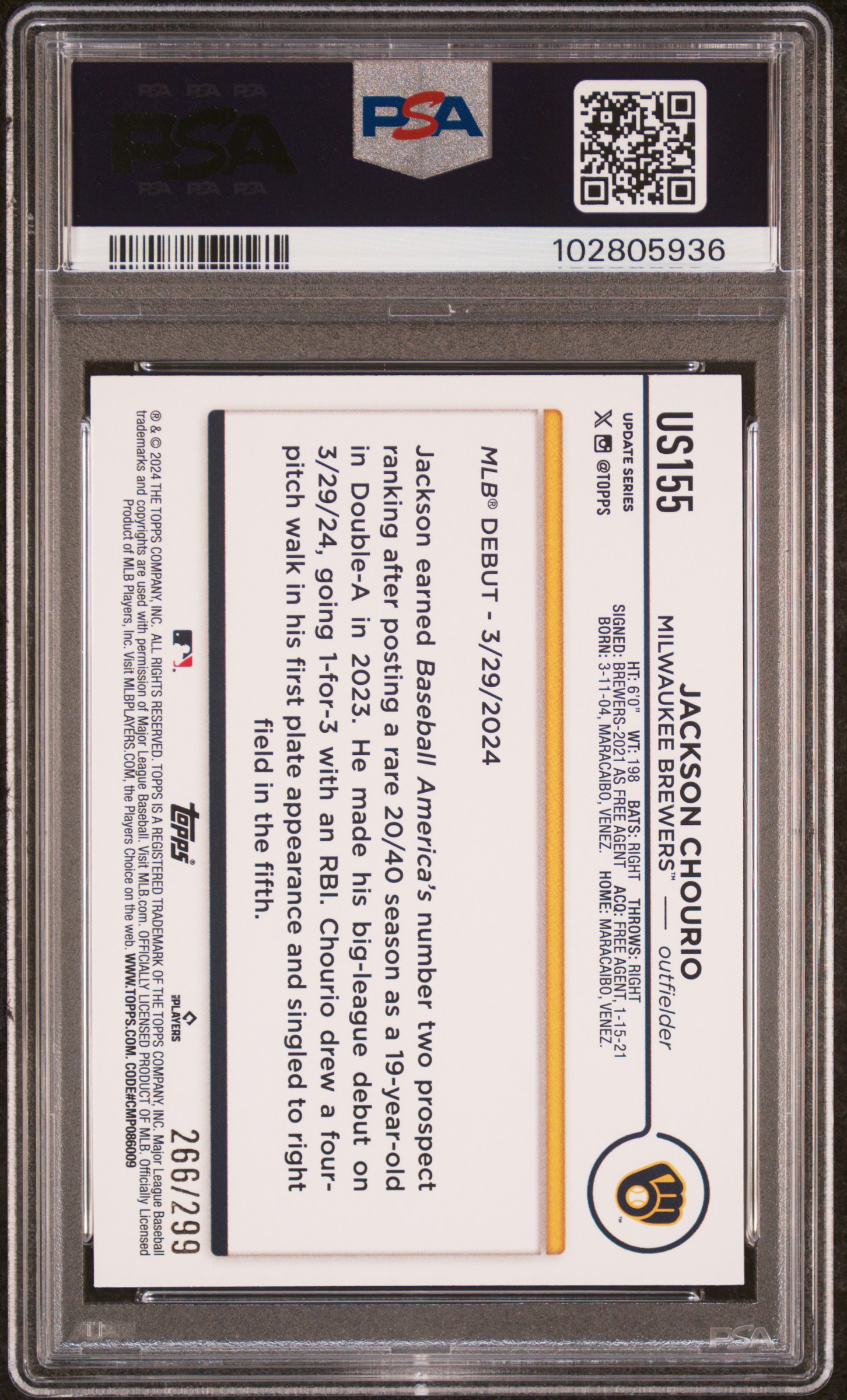 2024 Topps Update Jackson Chourio #Us155 (Orange Crackle Foil Board) Mint 9 back