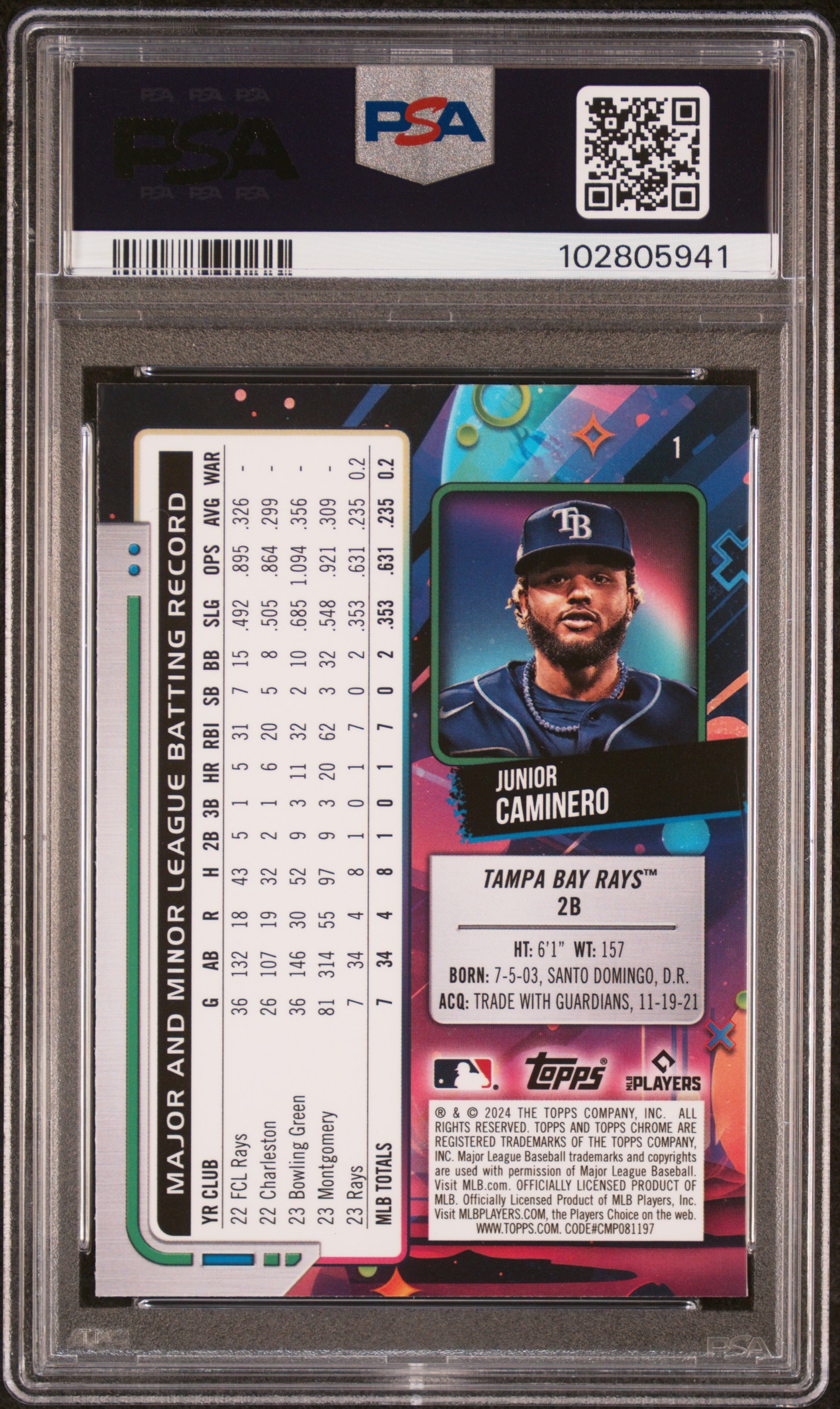 2024 Topps Chrome Cosmic Junior Caminero #1 (Green Space Dust Refractor) Gem Mt 10 back