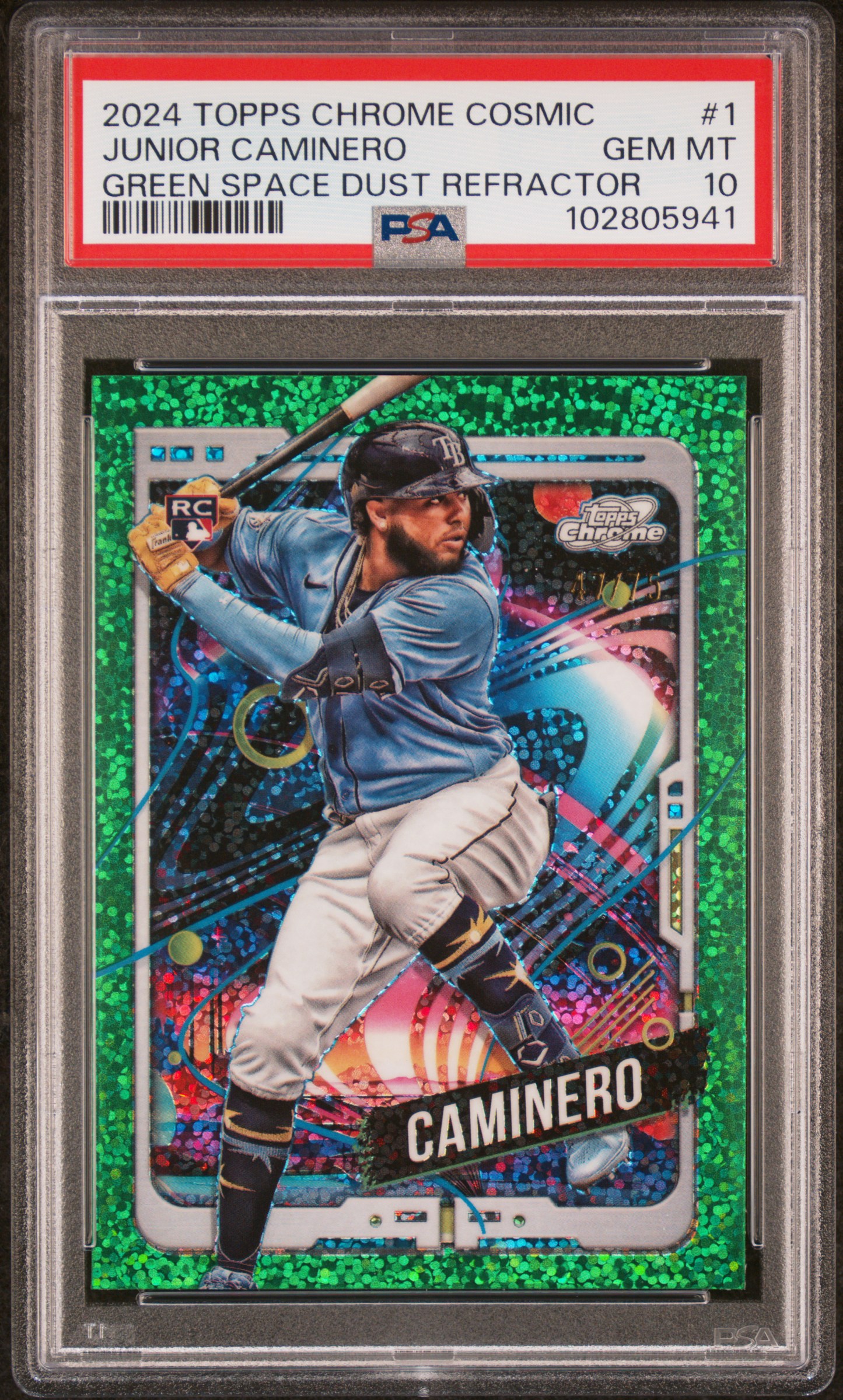 2024 Topps Chrome Cosmic Junior Caminero #1 (Green Space Dust Refractor) Gem Mt 10 front