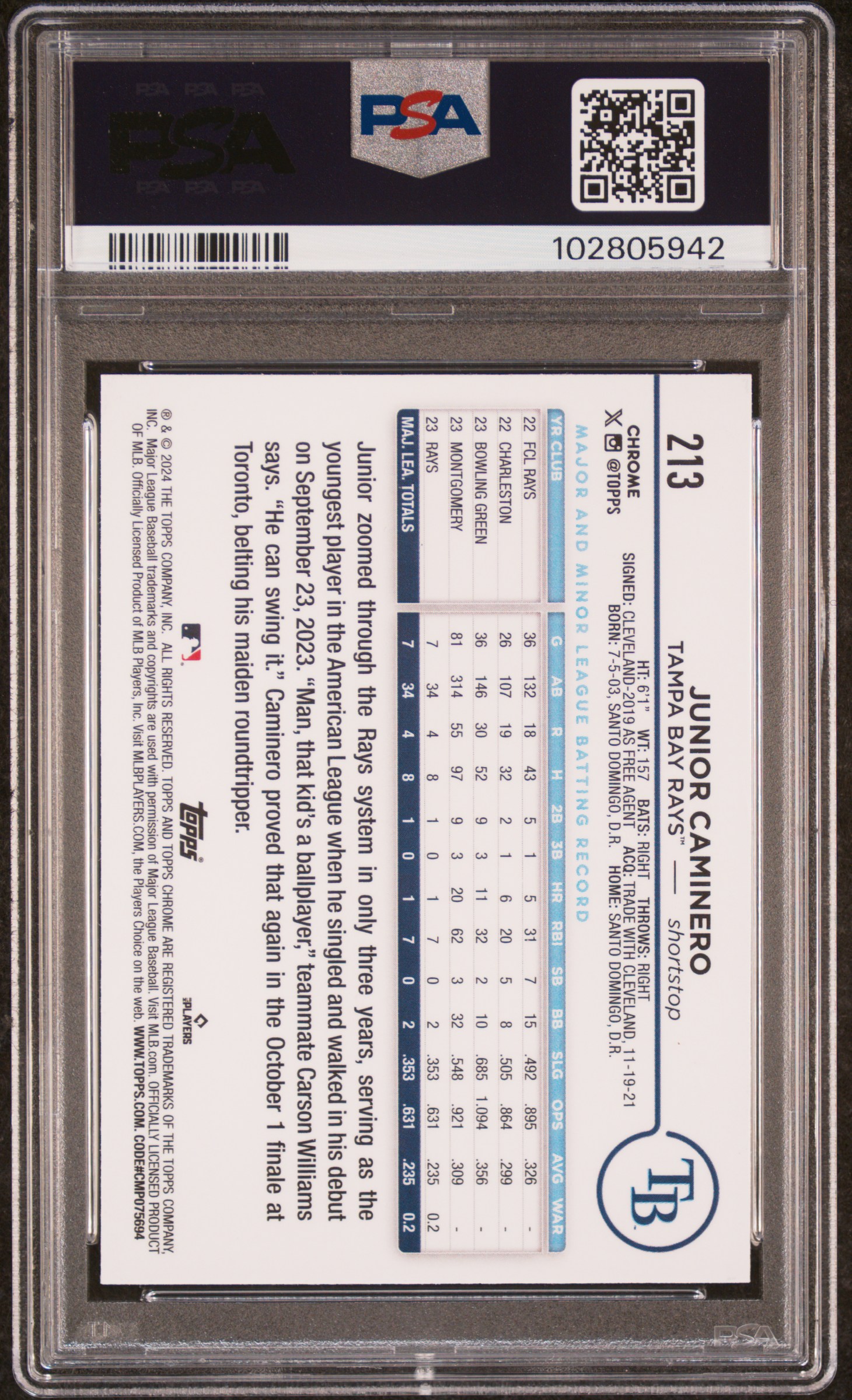 2024 Topps Chrome Junior Caminero #213 (Raywave) Gem Mt 10 back