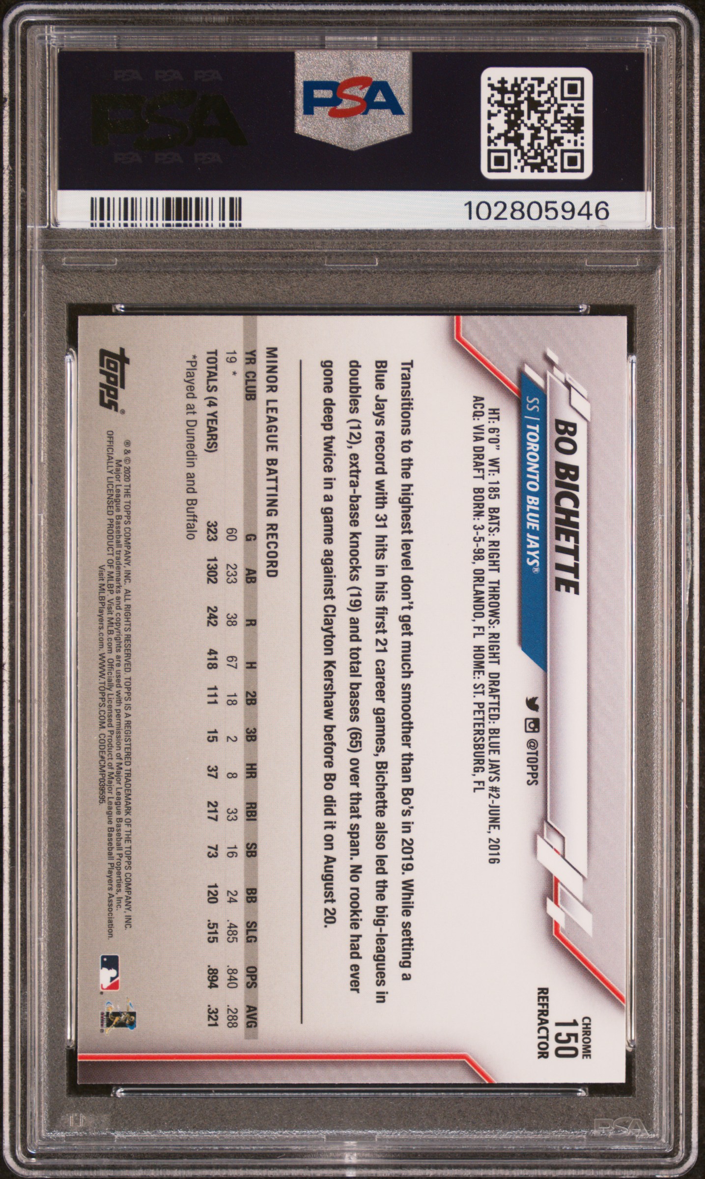 2020 Topps Chrome Bo Bichette #150 (Sepia Refractor) Gem Mt 10 back