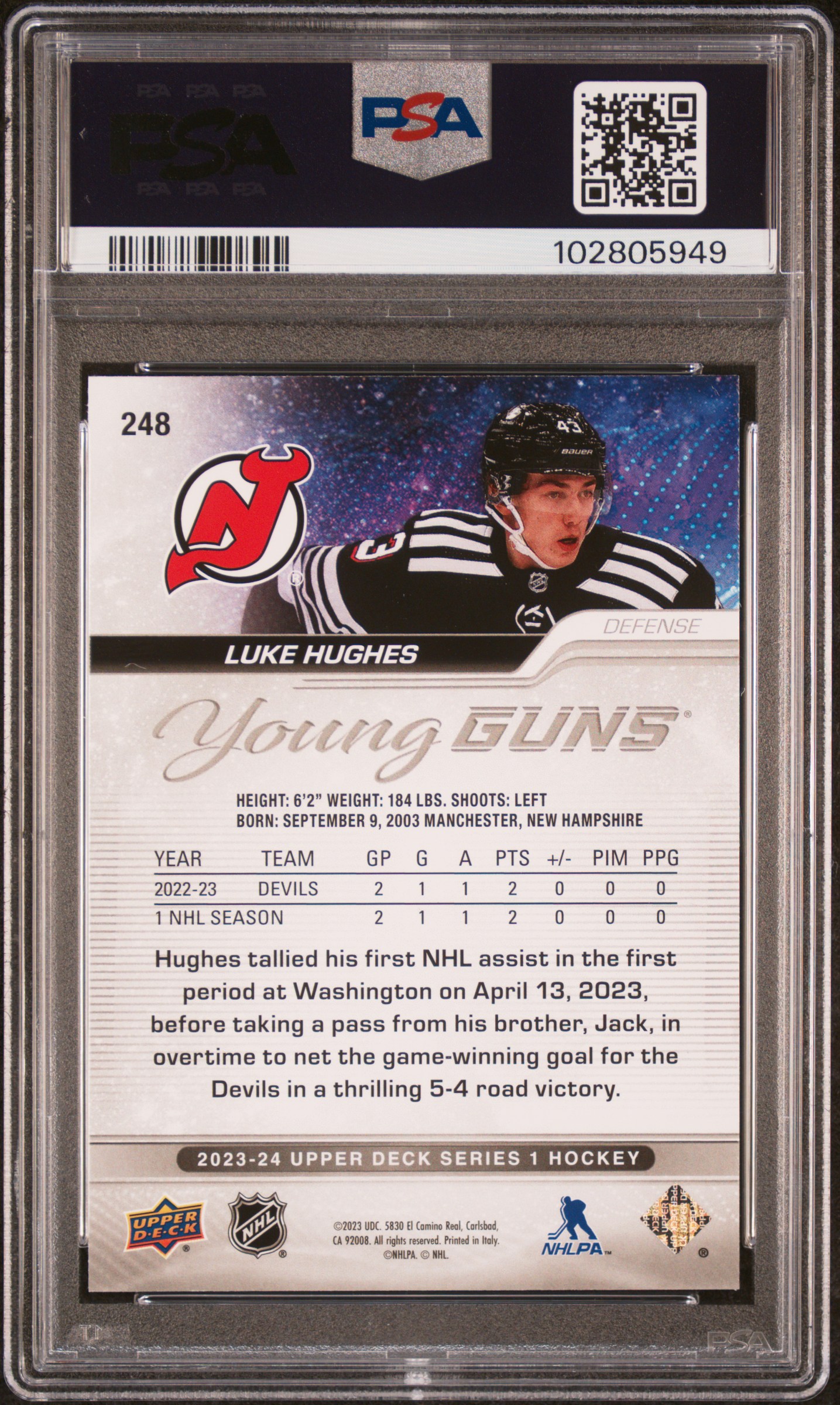 2023 Upper Deck Luke Hughes #248 Gem Mt 10 back