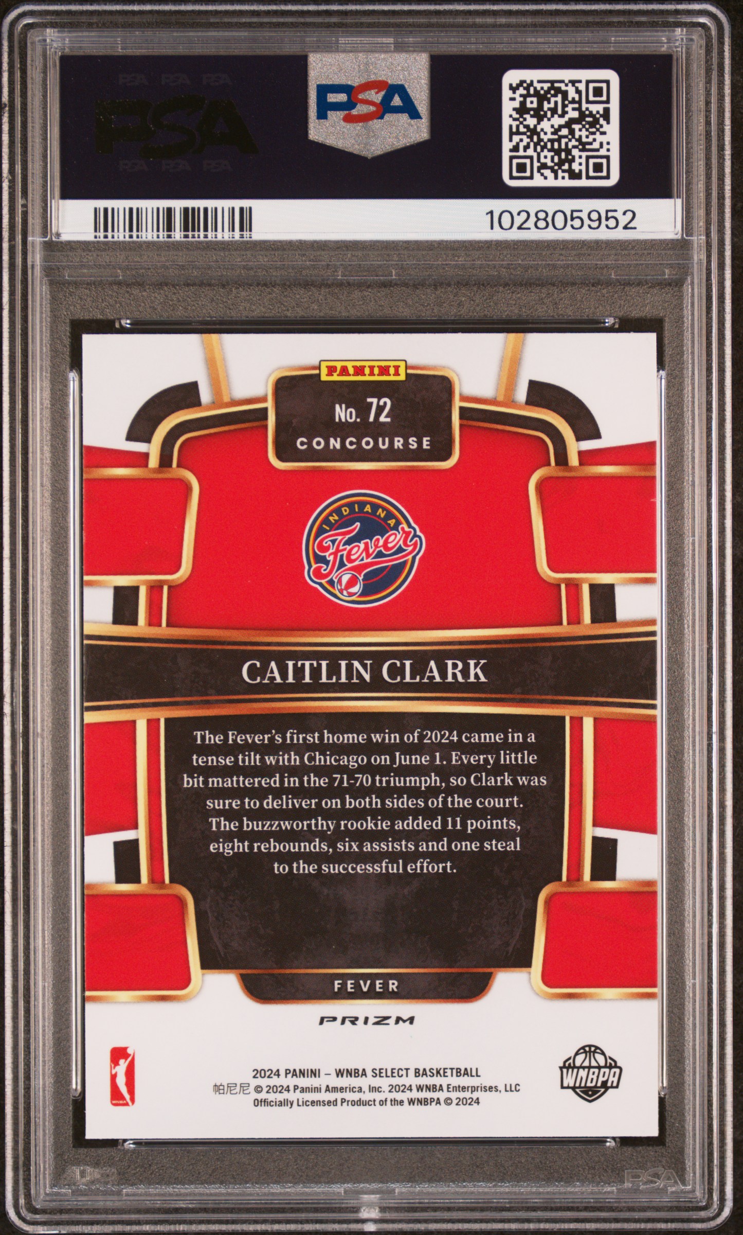 2024 Panini Select Wnba Caitlin Clark #72 (Red Ice) Gem Mt 10 back