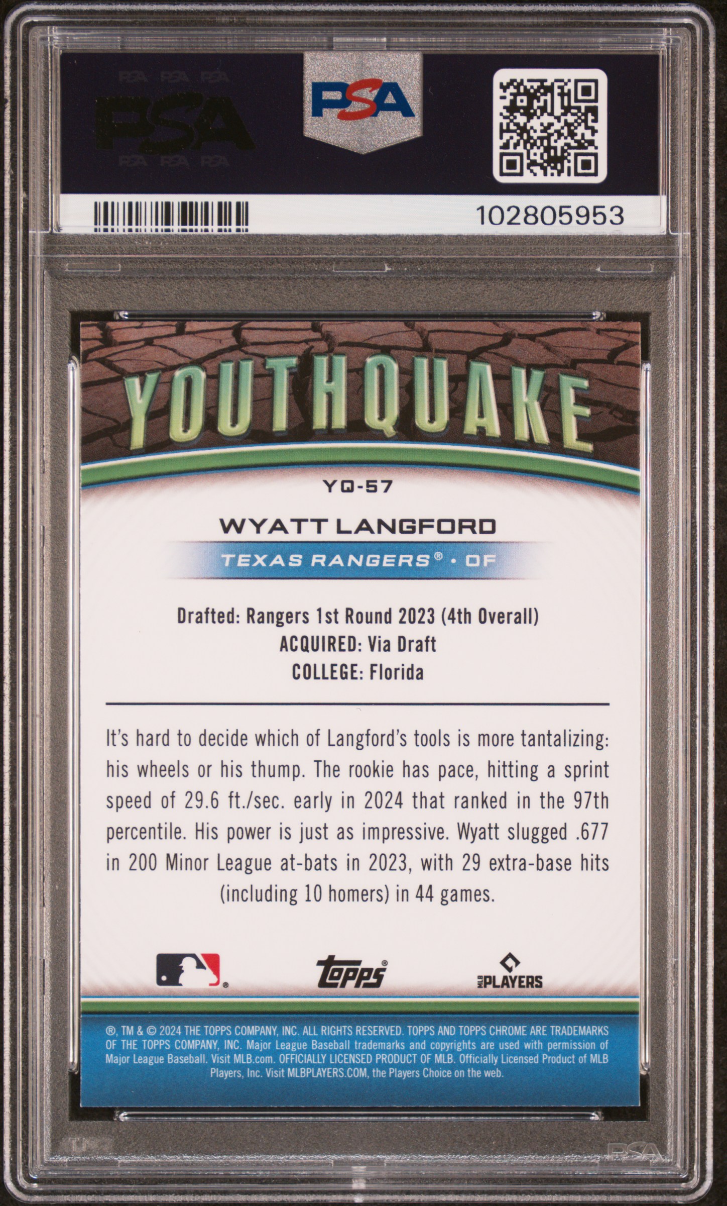 2024 Topps Chrome Youthquake Wyatt Langford #Yq57 (Youthquake-Gold Refractor) Gem Mt 10 back