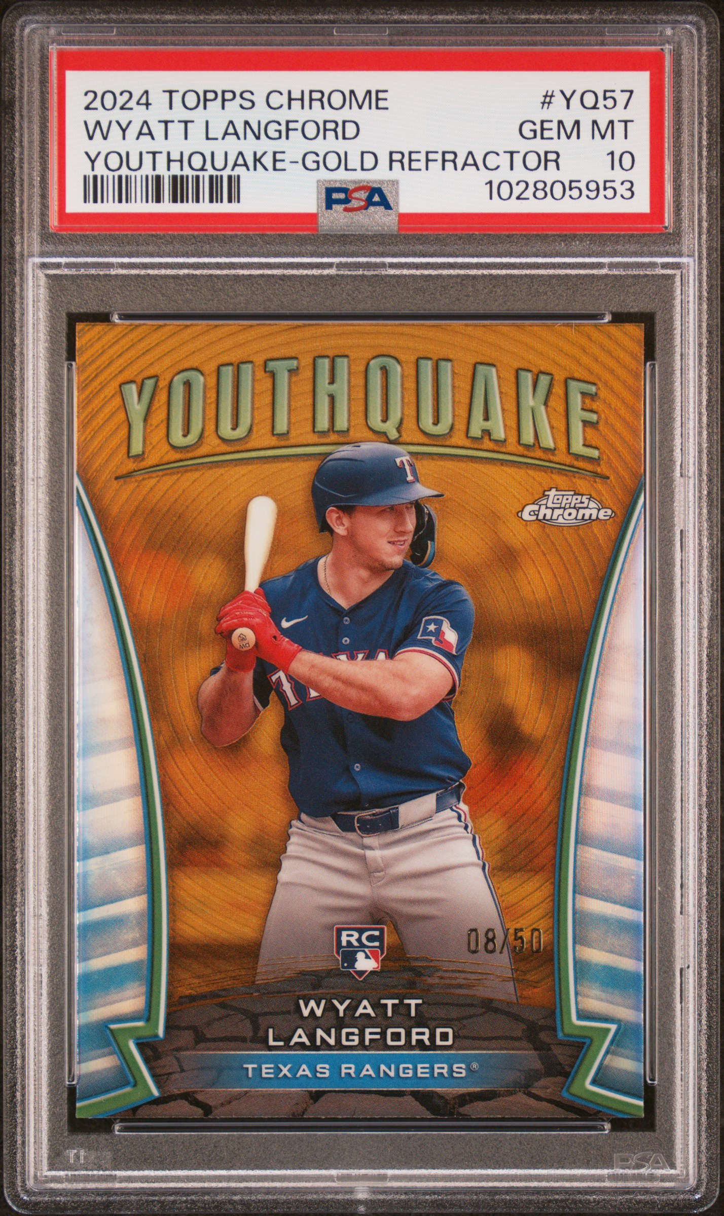 2024 Topps Chrome Youthquake Wyatt Langford #Yq57 (Youthquake-Gold Refractor) Gem Mt 10 front