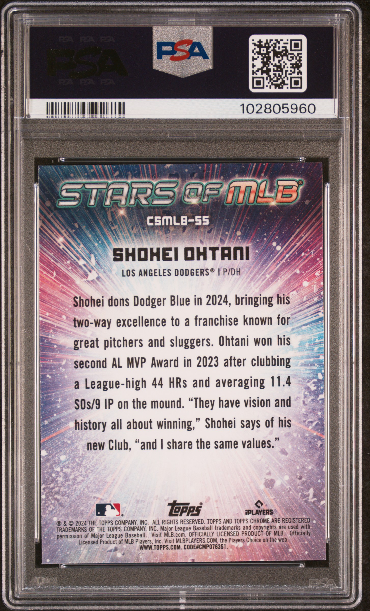 2024 Topps Stars Of Mlb Chrome Shohei Ohtani #Csmlb55 (Series 2) Gem Mt 10 back