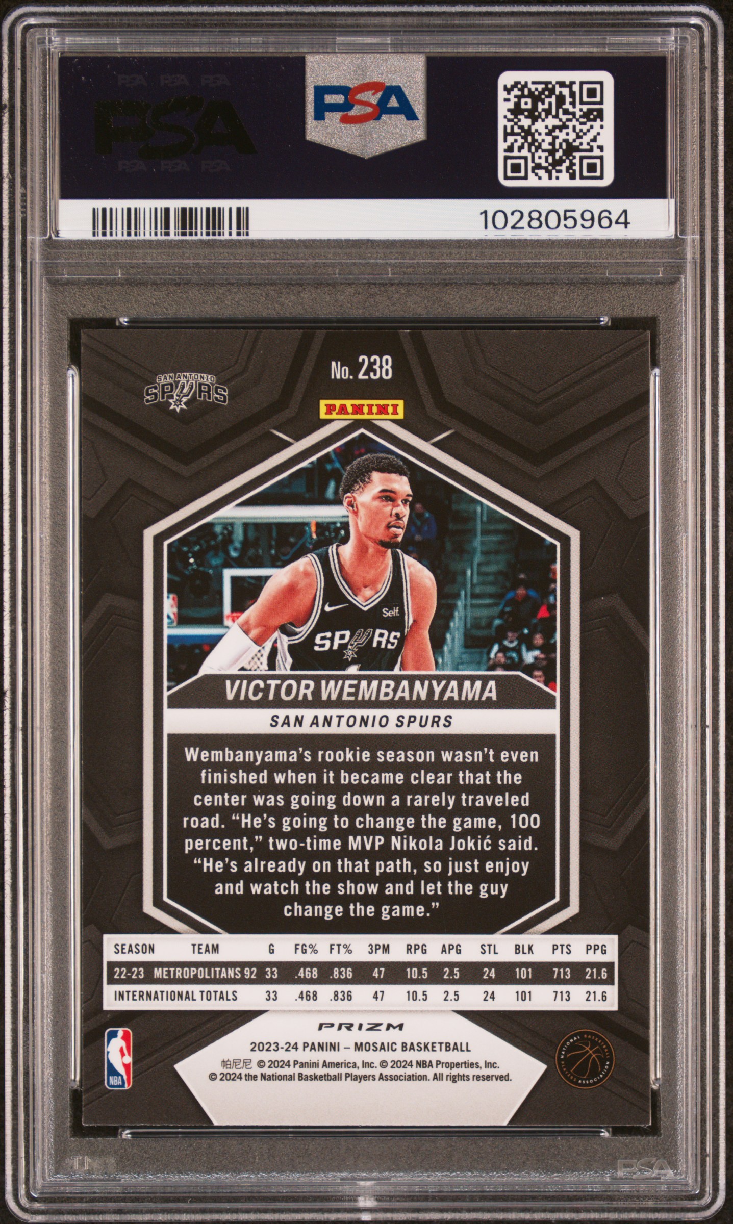 2023 Panini Mosaic Victor Wembanyama #238 (Green) Gem Mt 10 back