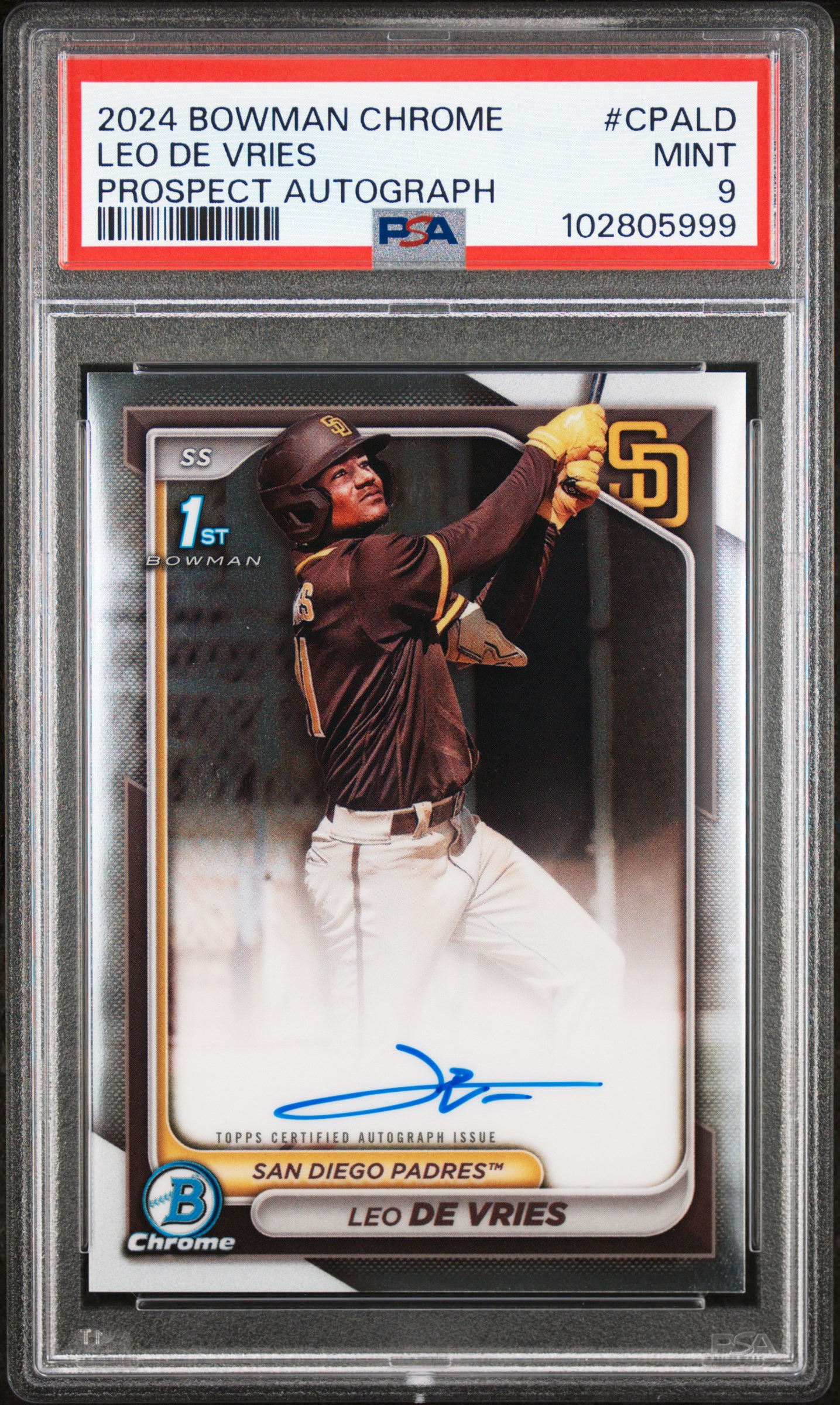 2024 Bowman Chrome Prospect Autographs Leo De Vries #Cpald (Prospect Autograph) Mint 9 front