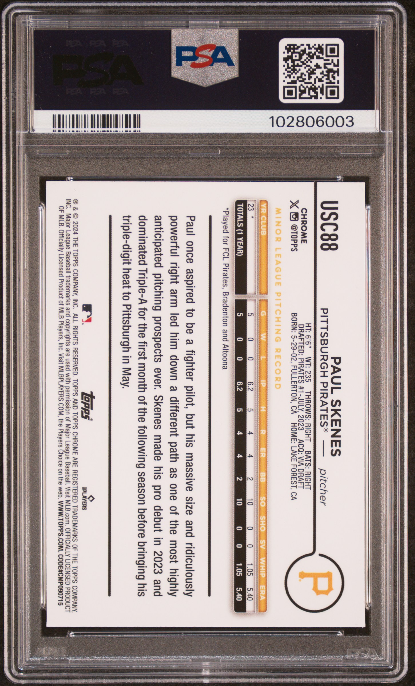 2024 Topps Chrome Update Paul Skenes #Usc88 (X-Fractor) Gem Mt 10 back