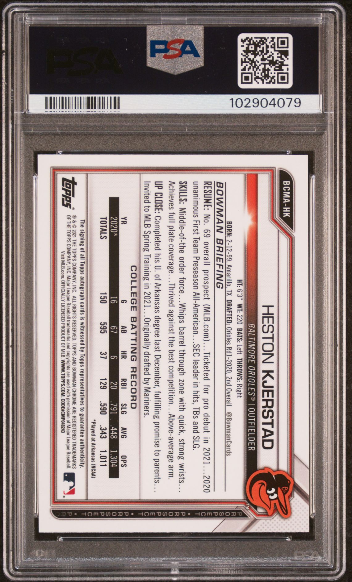 2021 Bowman Chrome Mega Box Autographs Heston Kjerstad #Hk (Autographs) Gem Mt 10 back view - PSA certificate #102904079