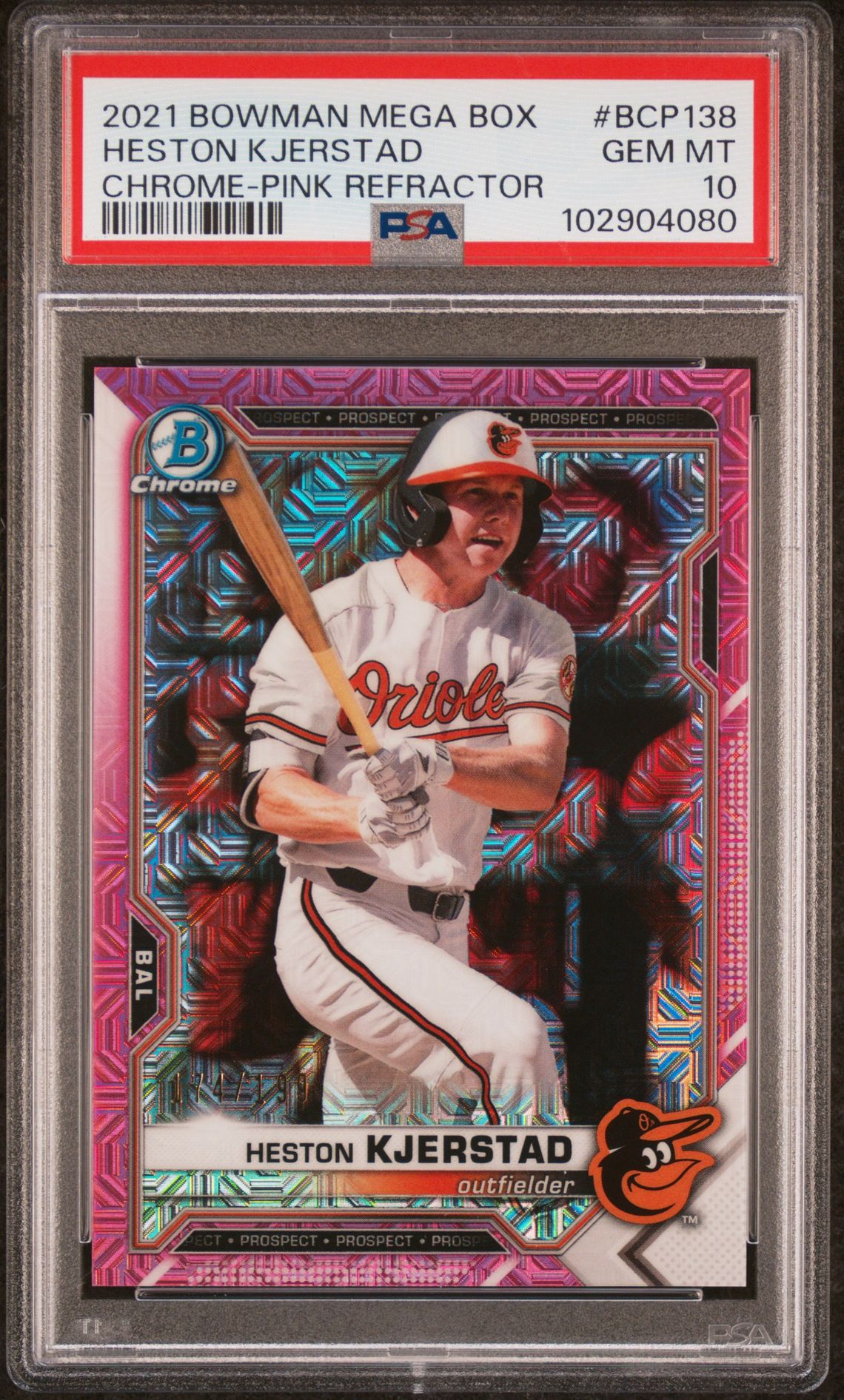 2021 Bowman Mega Box Chrome Heston Kjerstad #Bcp138 (Chrome-Pink Refractor) Gem Mt 10 front view - PSA graded GEM MT 10