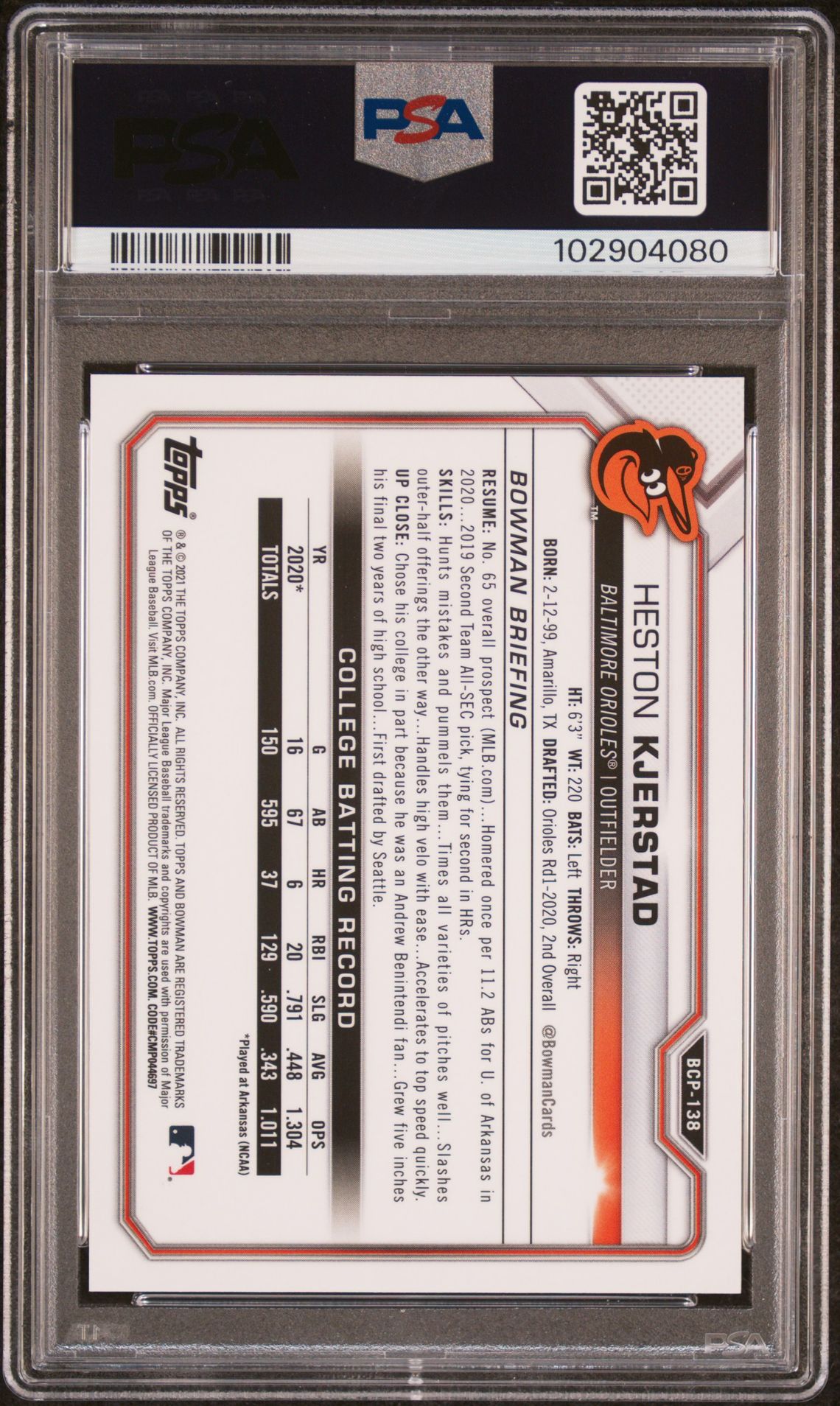 2021 Bowman Mega Box Chrome Heston Kjerstad #Bcp138 (Chrome-Pink Refractor) Gem Mt 10 back view - PSA certificate #102904080