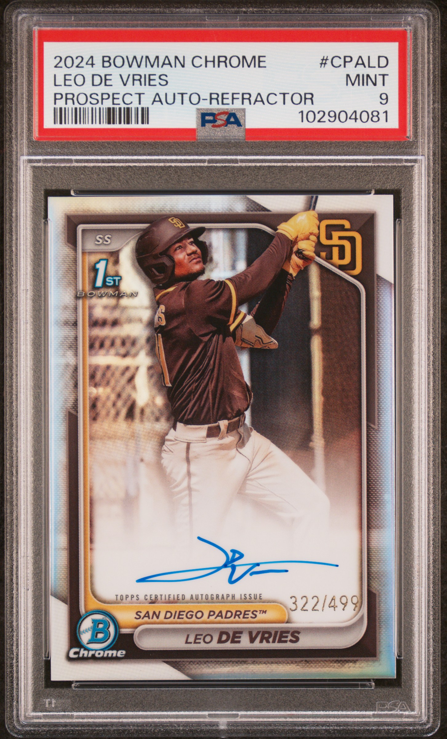 2024 Bowman Chrome Prospect Autographs Leo De Vries #Cpald (Prospect Auto-Refractor) Mint 9 front