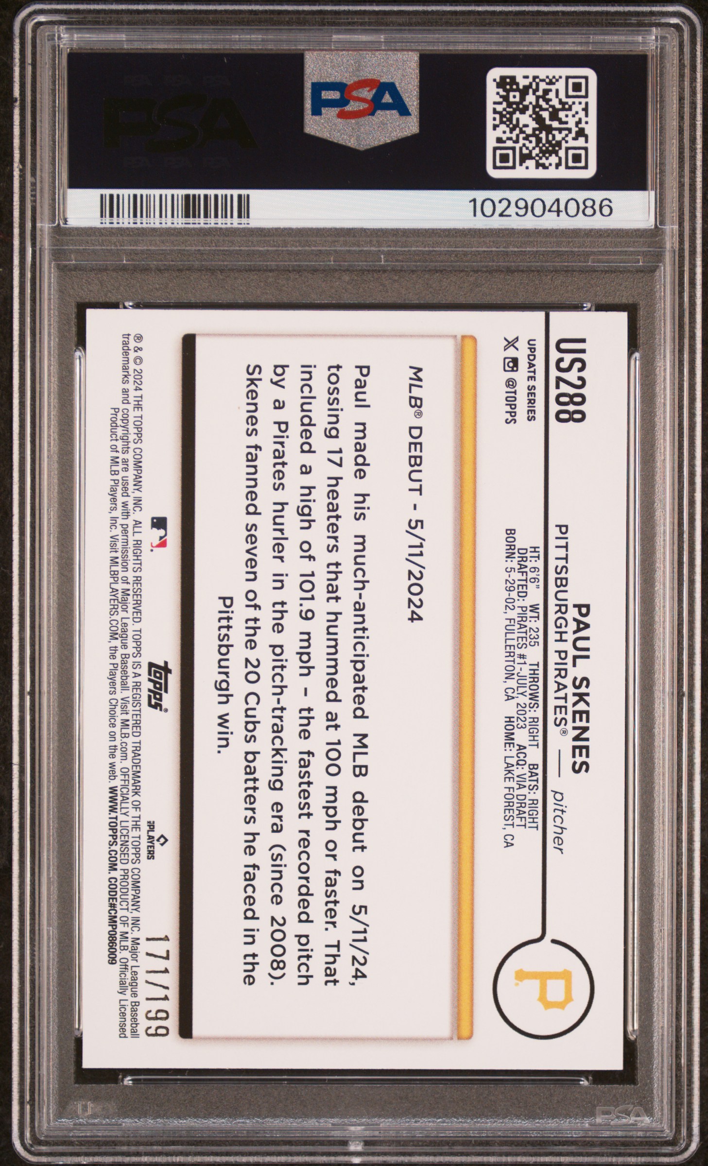 2024 Topps Update Paul Skenes #Us288 (Red Crackle Foil Board) Mint 9 back