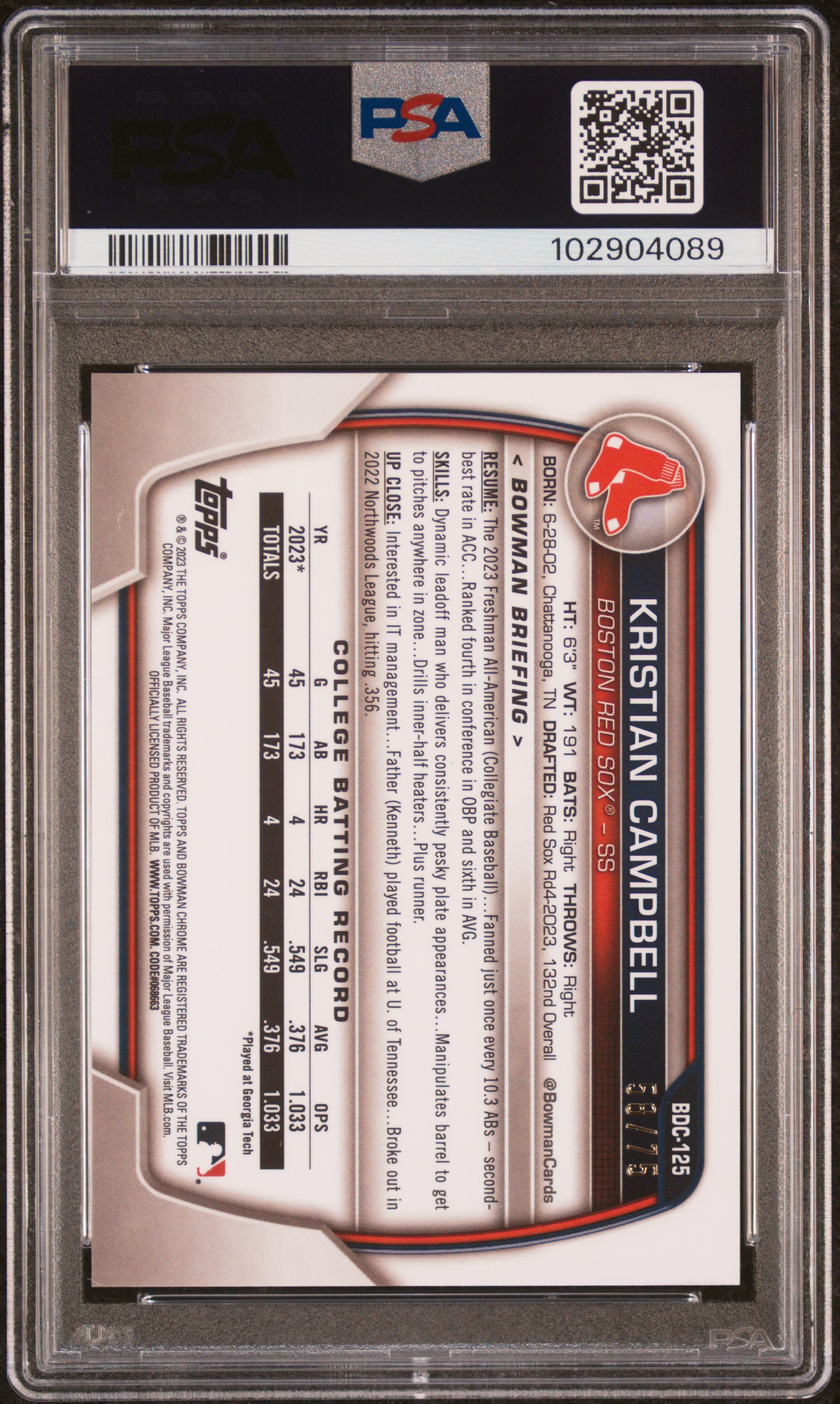 2023 Bowman Draft Sapphire Edition Kristian Campbell #Bdc125 (Yellow) Gem Mt 10 back