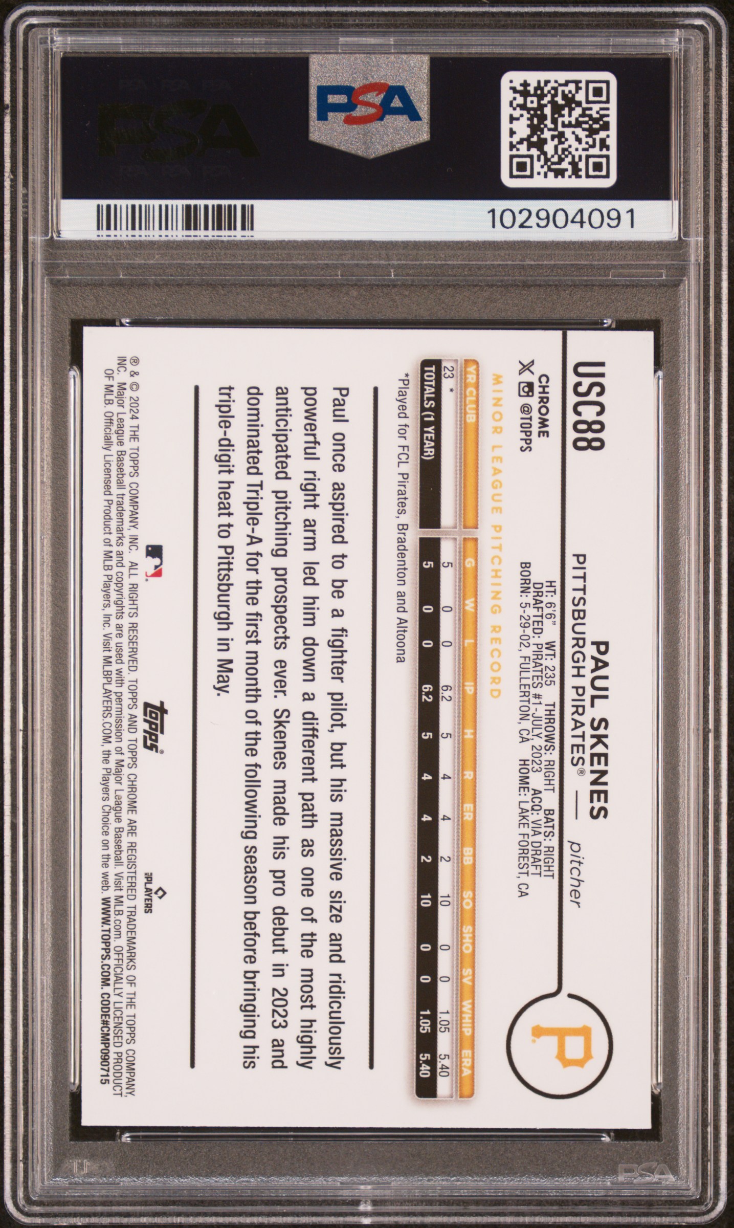 2024 Topps Chrome Update Paul Skenes #Usc88 (Blue Raywave) Mint 9 back